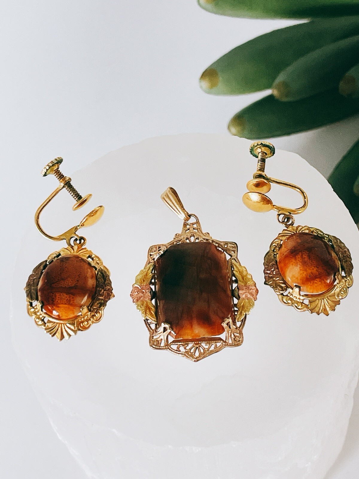 Baltic Honey Amber Gold Filled Pendant & ScrewBack Earrings Set Stunning Vintage