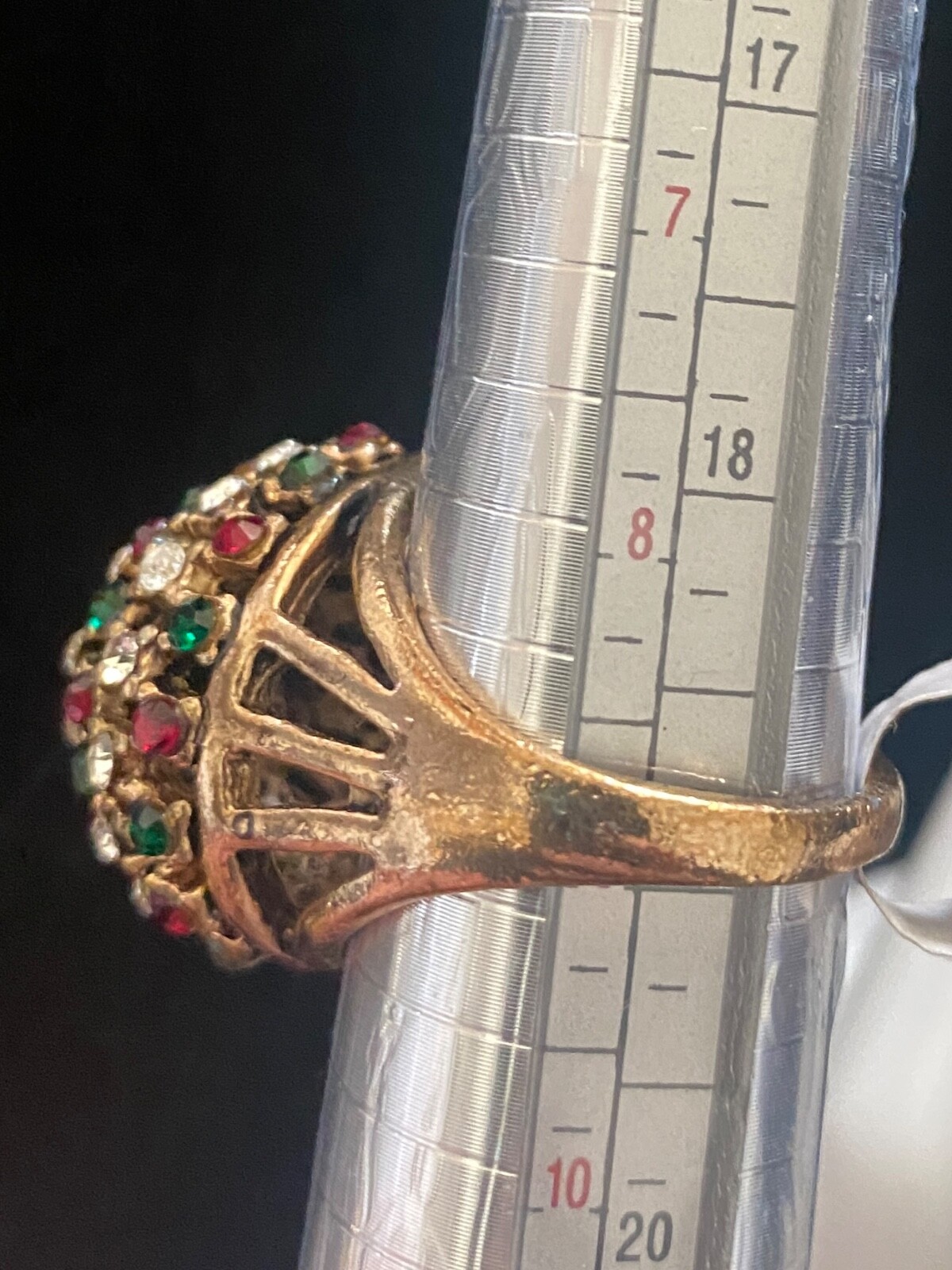 Ring Gold Tone Red Green Rhinestone Large statement Cocktail MCM Sz 9