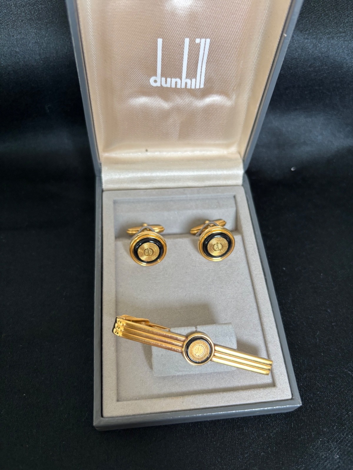 Dunhill Vintage Cufflinks Tie Clip Set Gold Tone Black Onyx Style w/ OG Box