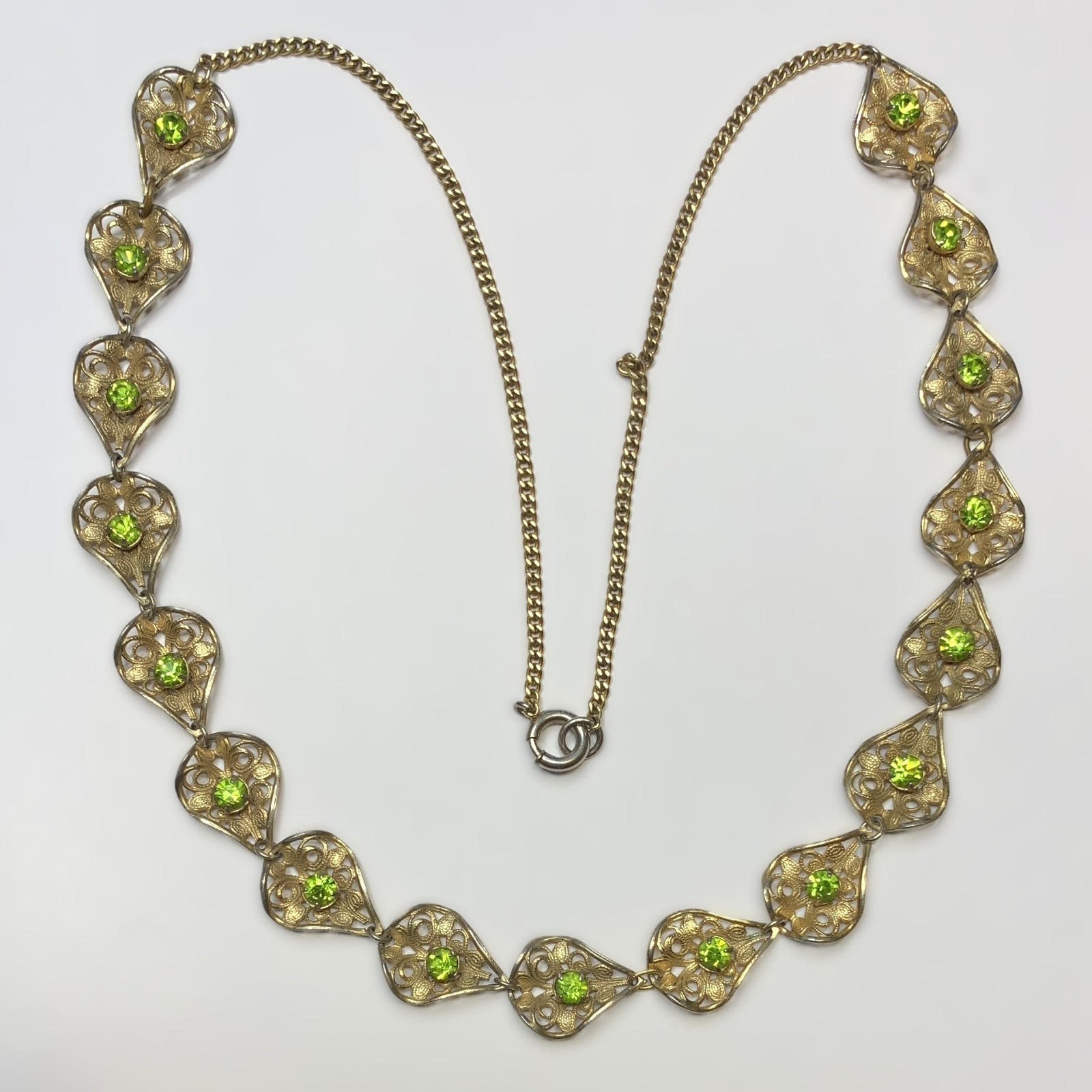 Vintage Gold Tone Necklace Filigree Petals With Lime Green Rhinestones 22”