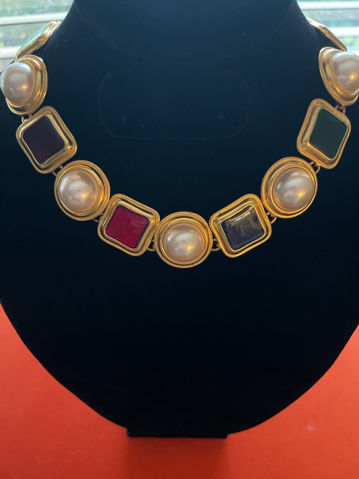 Vintage 1980s Gold Tone Statement Necklace Faux Pearl Jewel Tone Epoxy 18″ Toggl