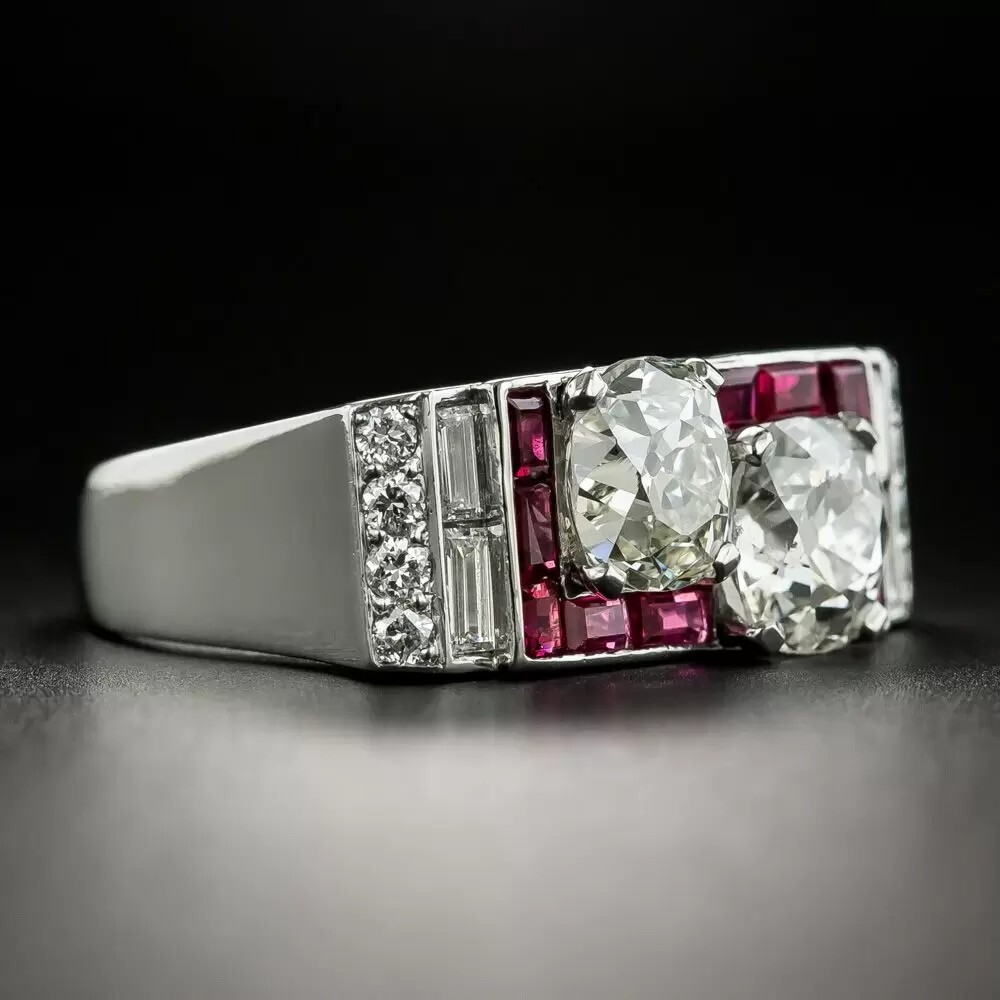 Art Deco 1.52CT Twin Lab Created Diamond & Ruby Engagement Ring In 925 Silver