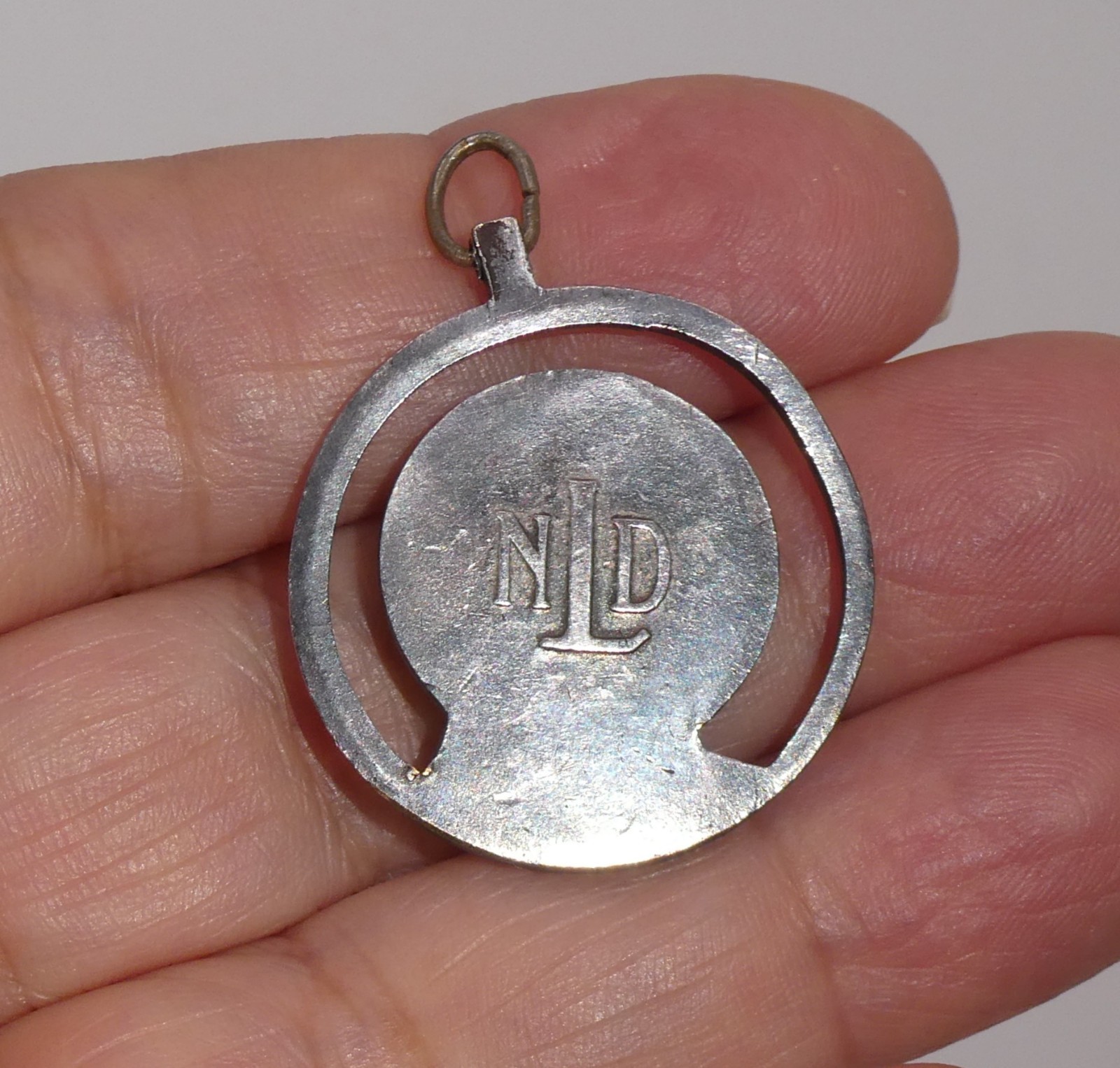 Vintage French Medal Lourdes Virgin Mary Blue Enamel Pendant Silver Tone 1 3/8″l
