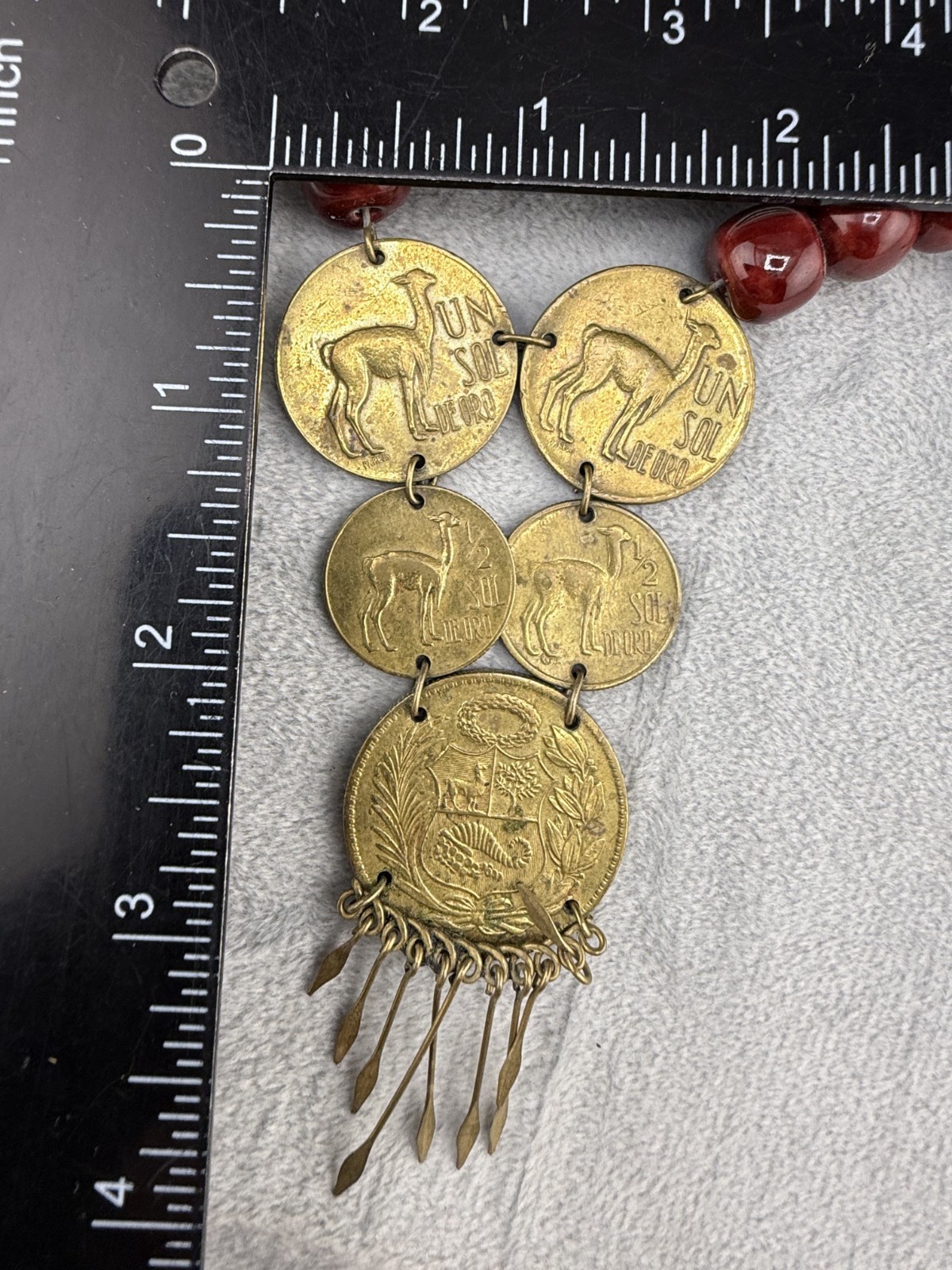 Vintage Peruvian Coin Necklace Leather Cord Red Beads Eagle Gold Tone 23″