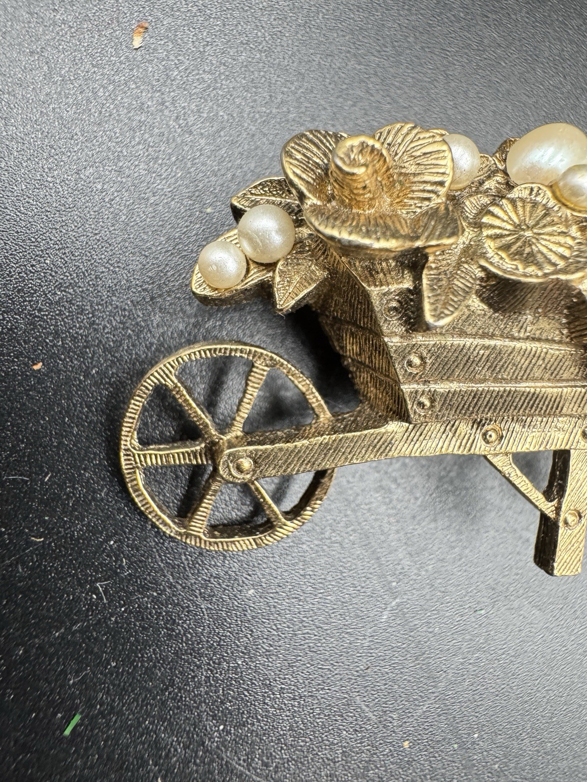 Vintage Flower Cart Brooch Gold Tone Faux Pearl Wheelbarrow Pin Floral