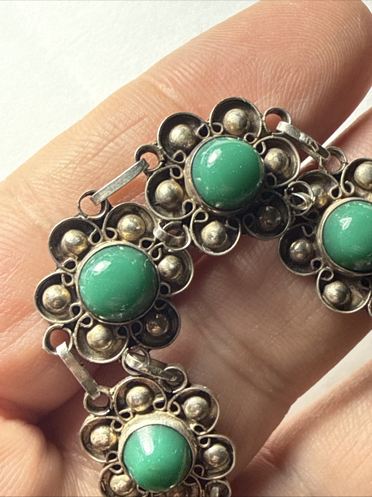 bracelet Taxco Mexico 980 Silver Better Than 925 Sterling Green Onyx Vintage 7.5