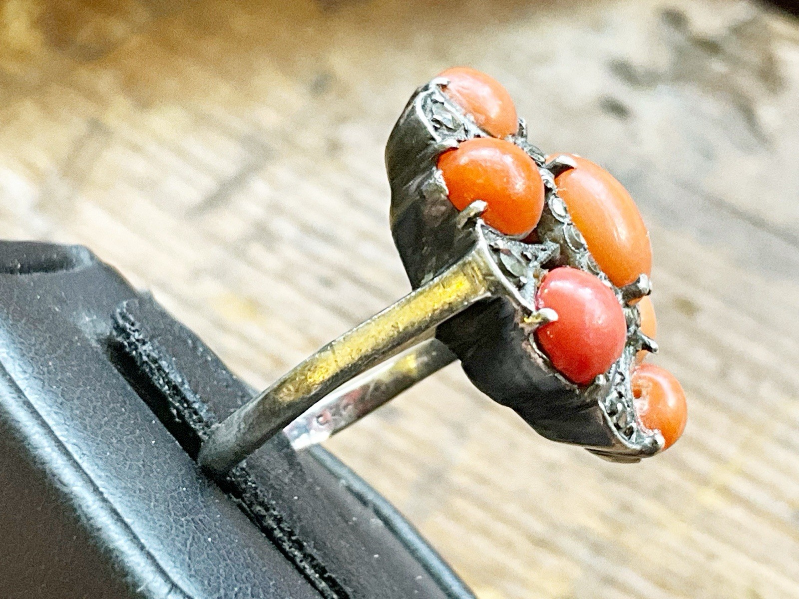 Antique Art Deco 925 Sterling with Coral & Marcasites Cluster Ring Sz. 4.75