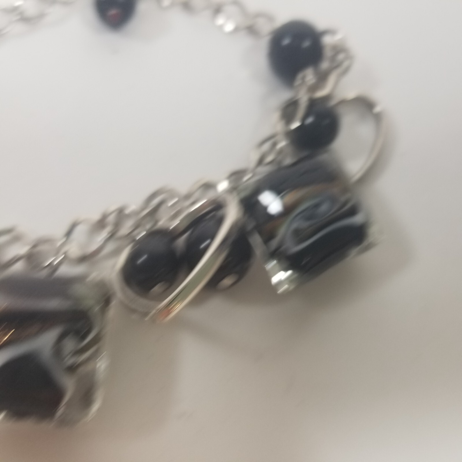 Charm Bracelet Black Silver Tone Heart Glass Bead Dangle 7-9″