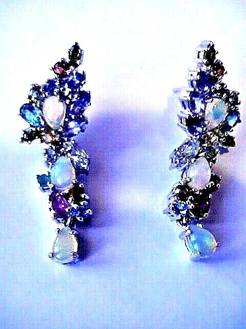 STUNNING! VINTAGE ETHIOPIAN OPAL EMERALD SAPPHIRE GARNET TOPAZ EARRINGS SS 14K