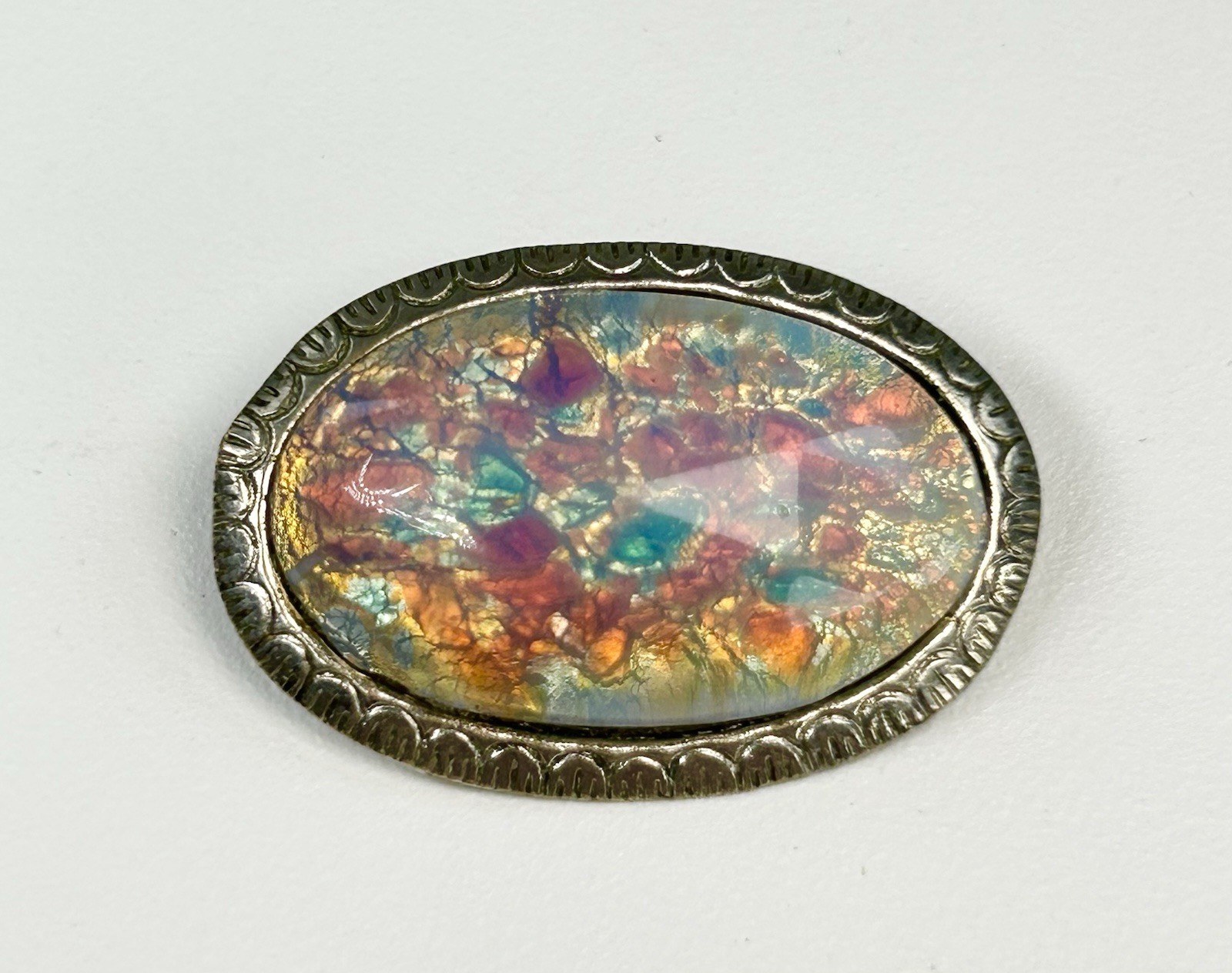 Antique Sterling Silver Oval Glass Cabochon Faux Fire Opal Brooch Victorian