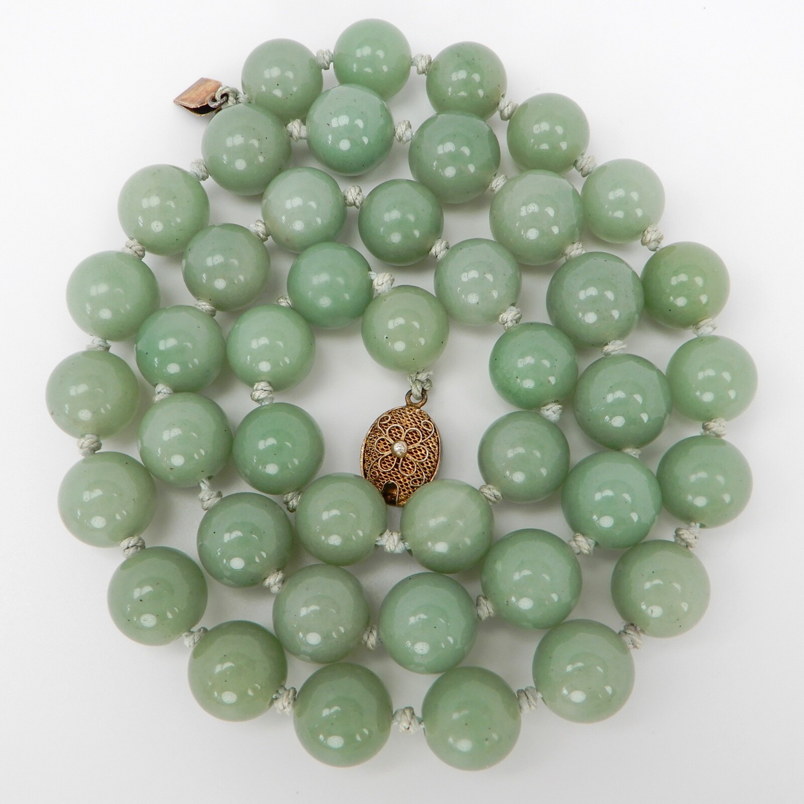 Vtg Green Jade Knotted 12mm Bead Necklace 24” .925 Silver Filigree Clasp 115 gr
