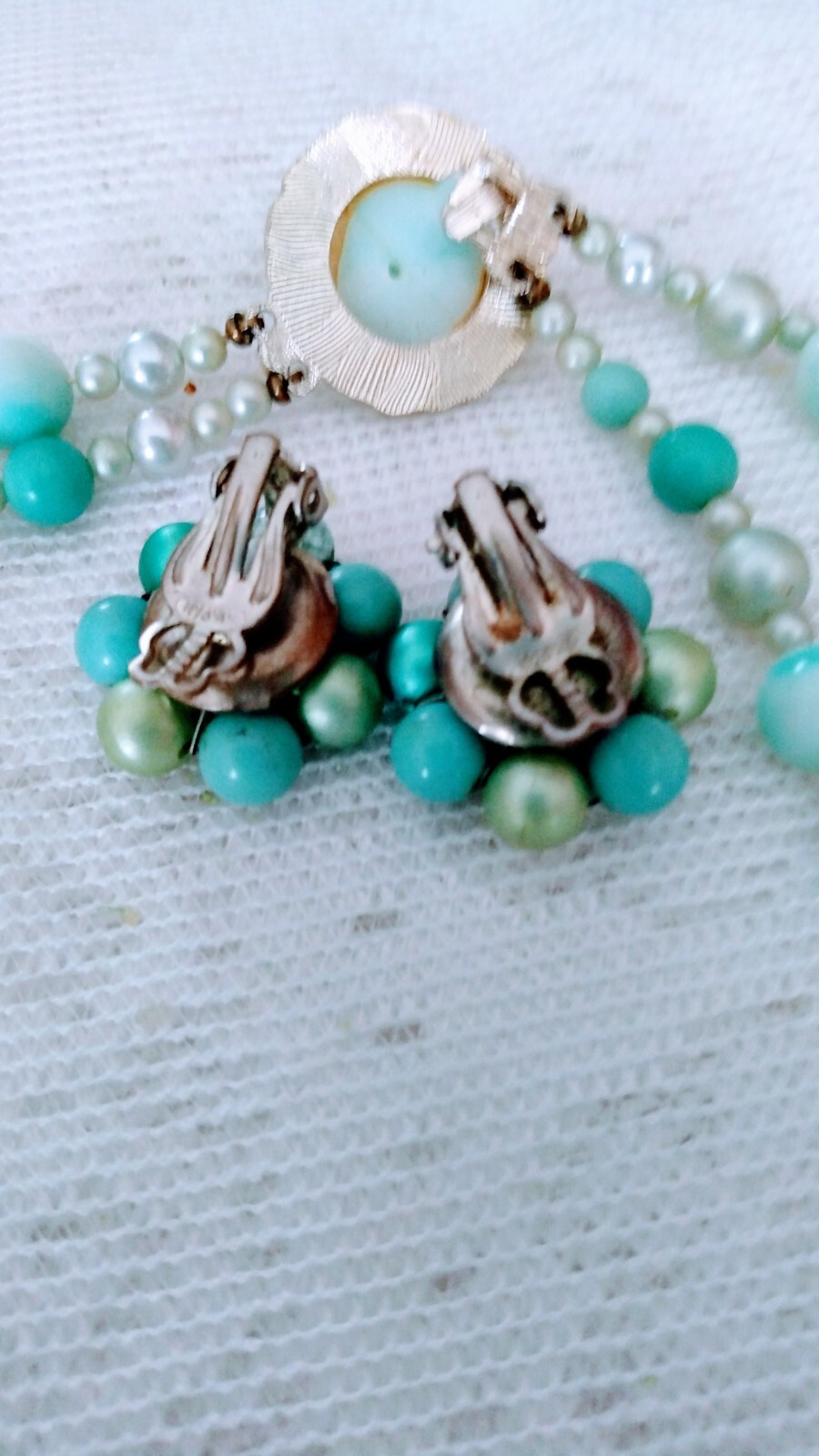 Vintage Two Stand Blue Chunky Beaded Necklace and Clip Earrings Set