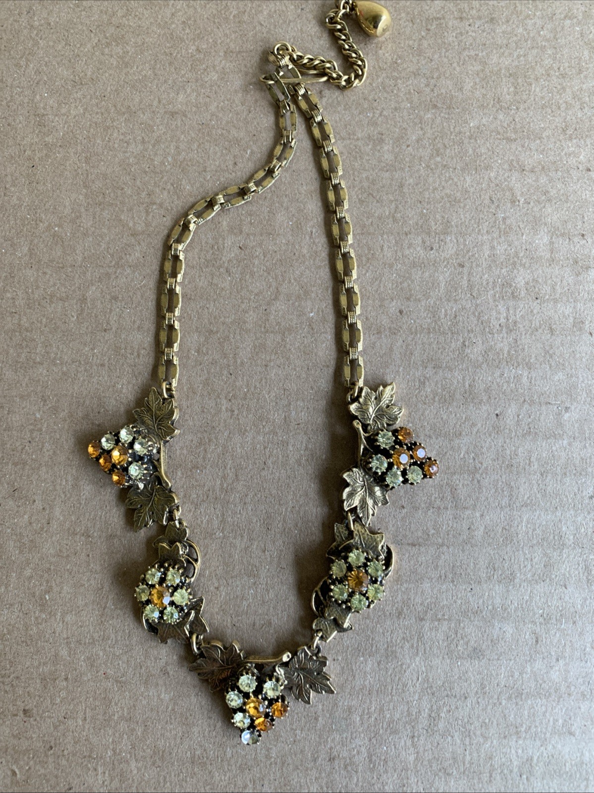 Vintage Unsigned Rhinestone Grape Cluster & Leaves Necklace