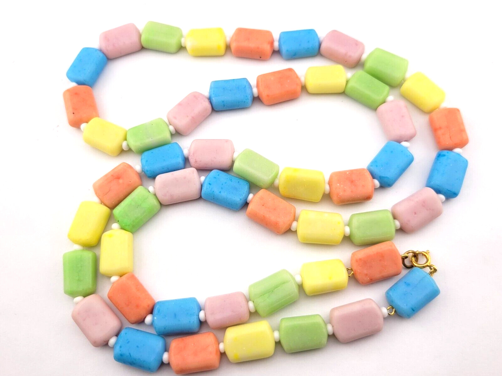 😍Eye Candy Vintage 36″ Pastel Pink Blue Yellow Molded Art Glass Bead Necklace