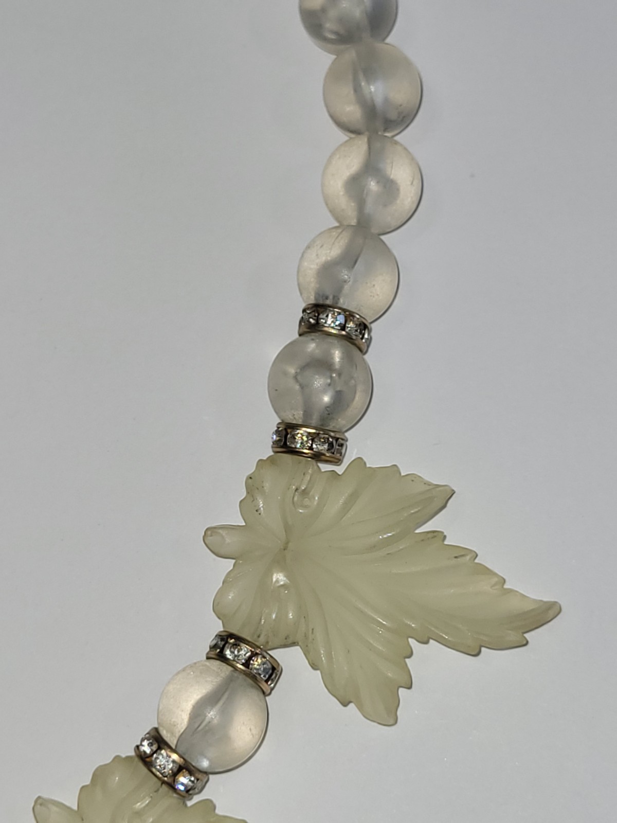 Vintage Carved Lucite Maple Leaf Necklace Clear Crystal Beaded Statement Jewelry