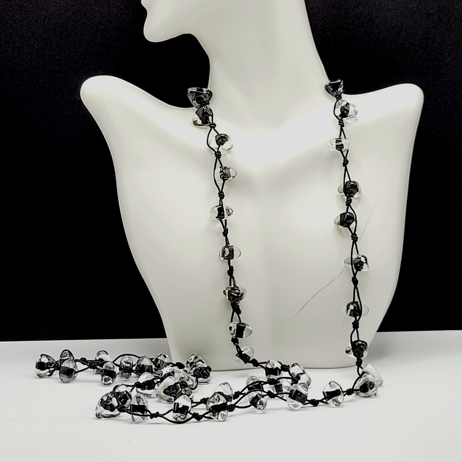 Art Glass Clear Ice Pebble Bead Hand Knot Black Thread Single Strand Necklace