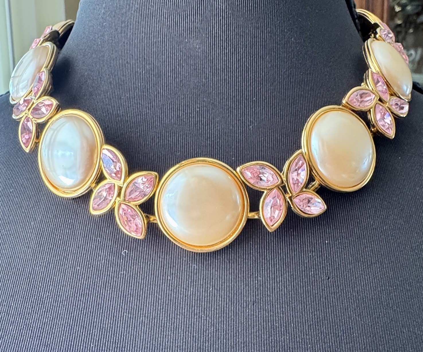 Vintage Monet Runway Necklace Faux Pearls Pink Crystal Gold Tone Statement