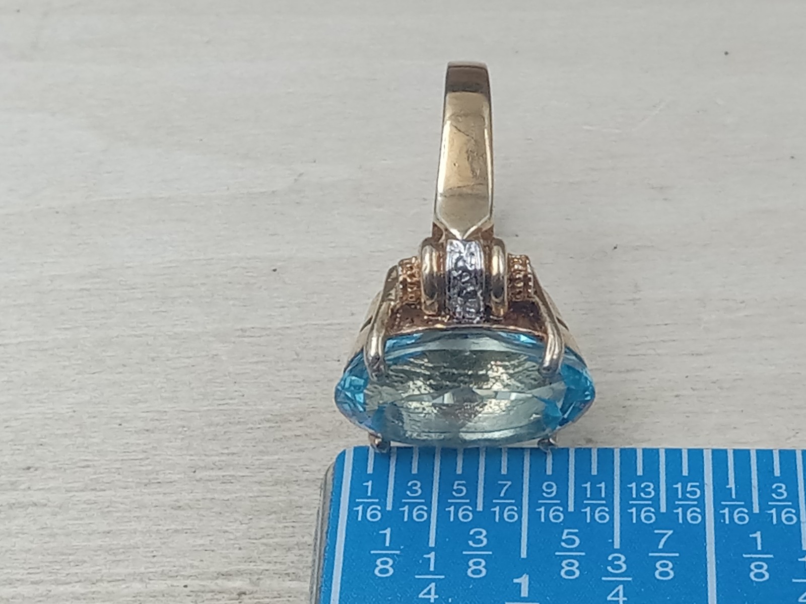 Deco style Sterling Ring Gold Wash – Faceted Blue Topaz Oval & Clear Accents: S8