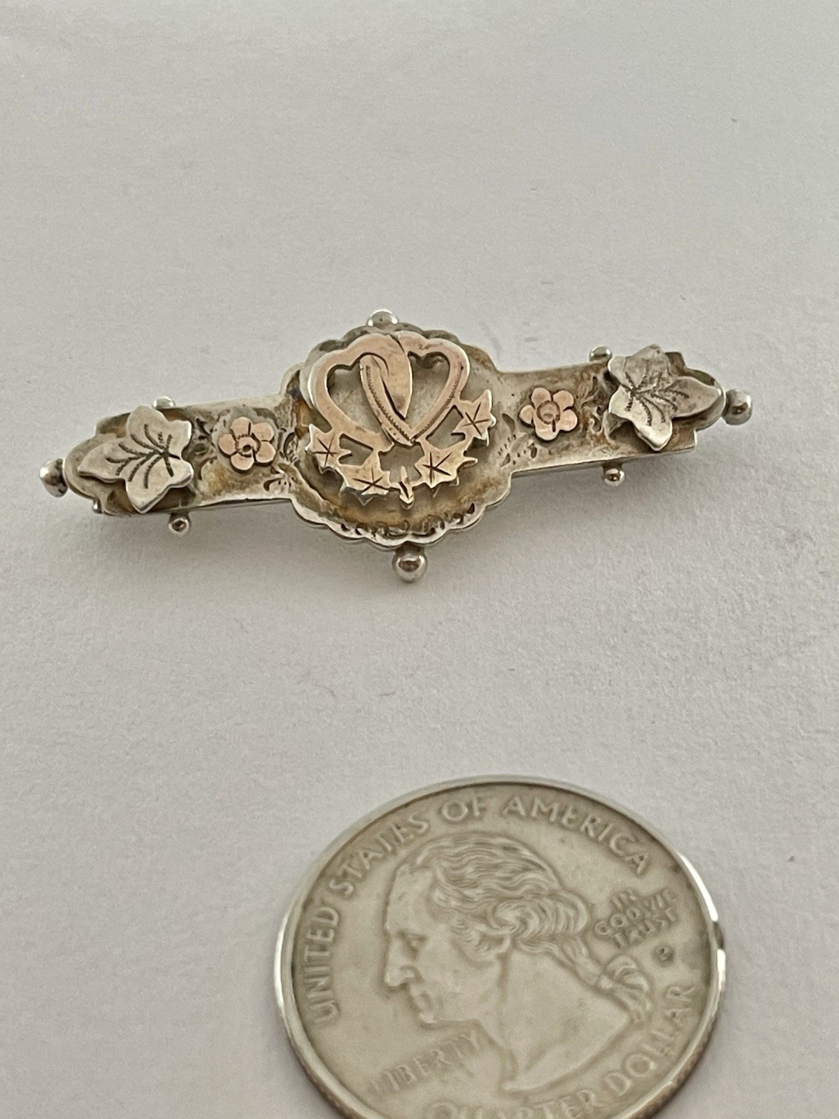 Victorian Double Hearts Sweetheart Bar Brooch Sterling Rose Gold Hallmarked