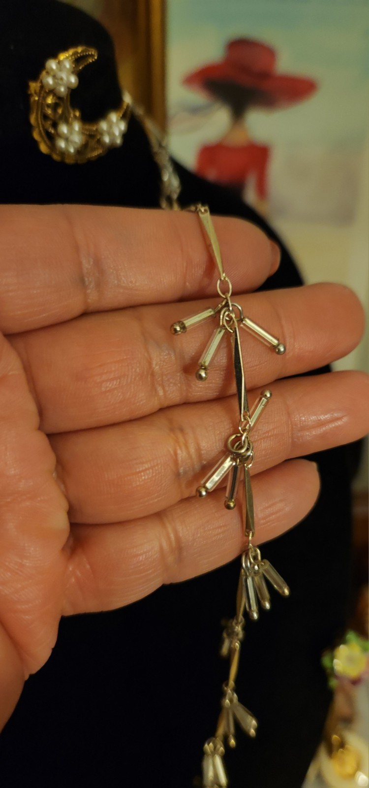 VTG Goldtone, Clear Elongated Glass charm Beads, Station Necklace