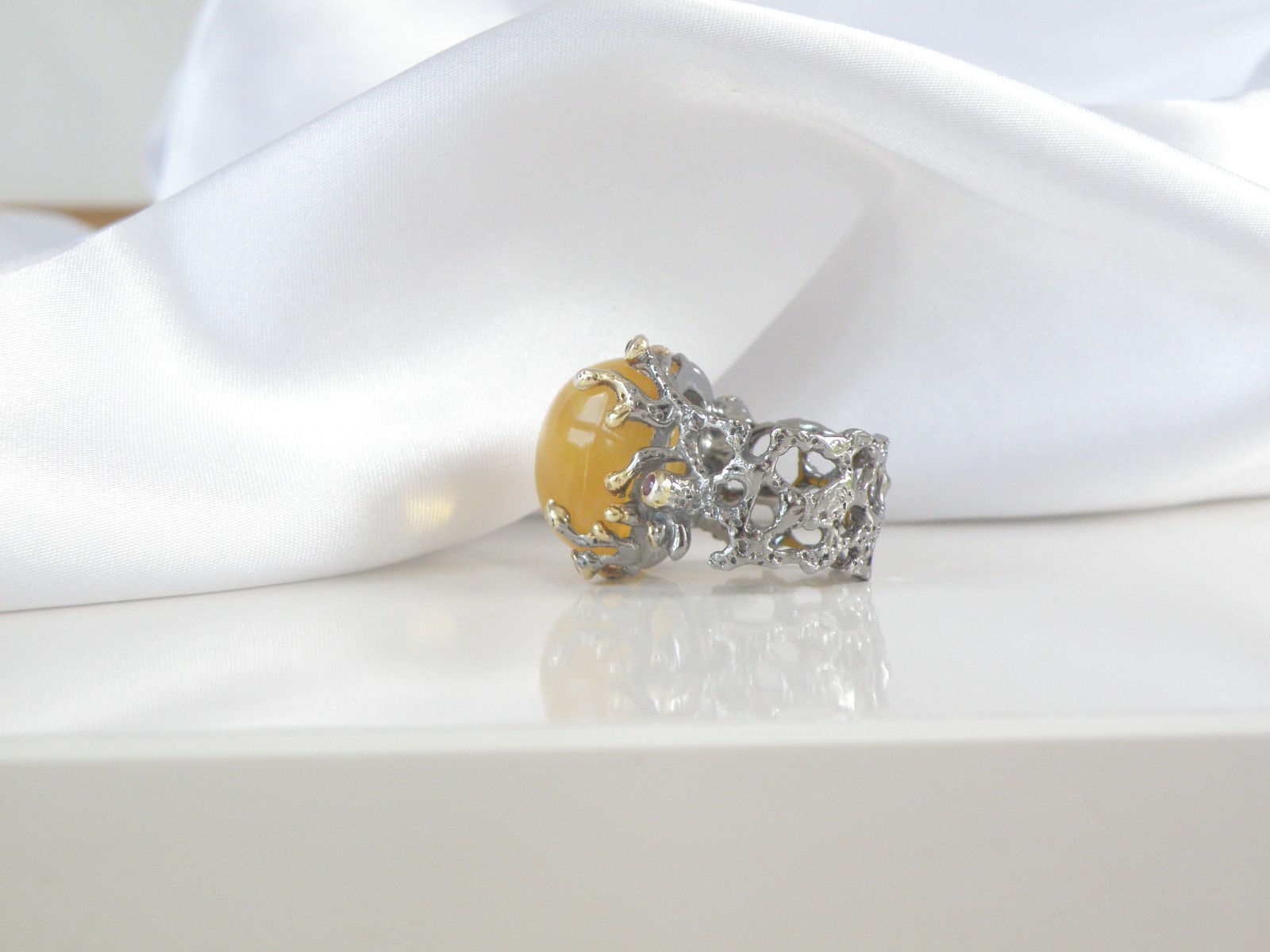 Brutalist Sterling Silver 925 Huge Butterscotch Amber Modern Statement Ring 7.5