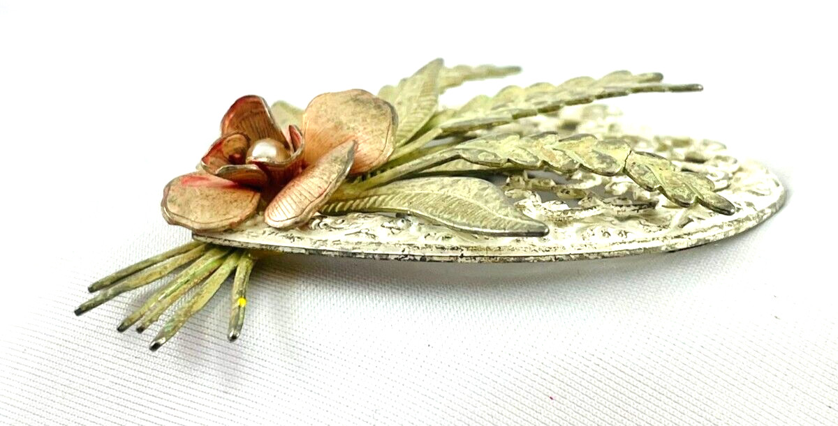 Vintage White Wash Enamel Heart Floral Spray Wheat Brooch Pin Stamped Layered