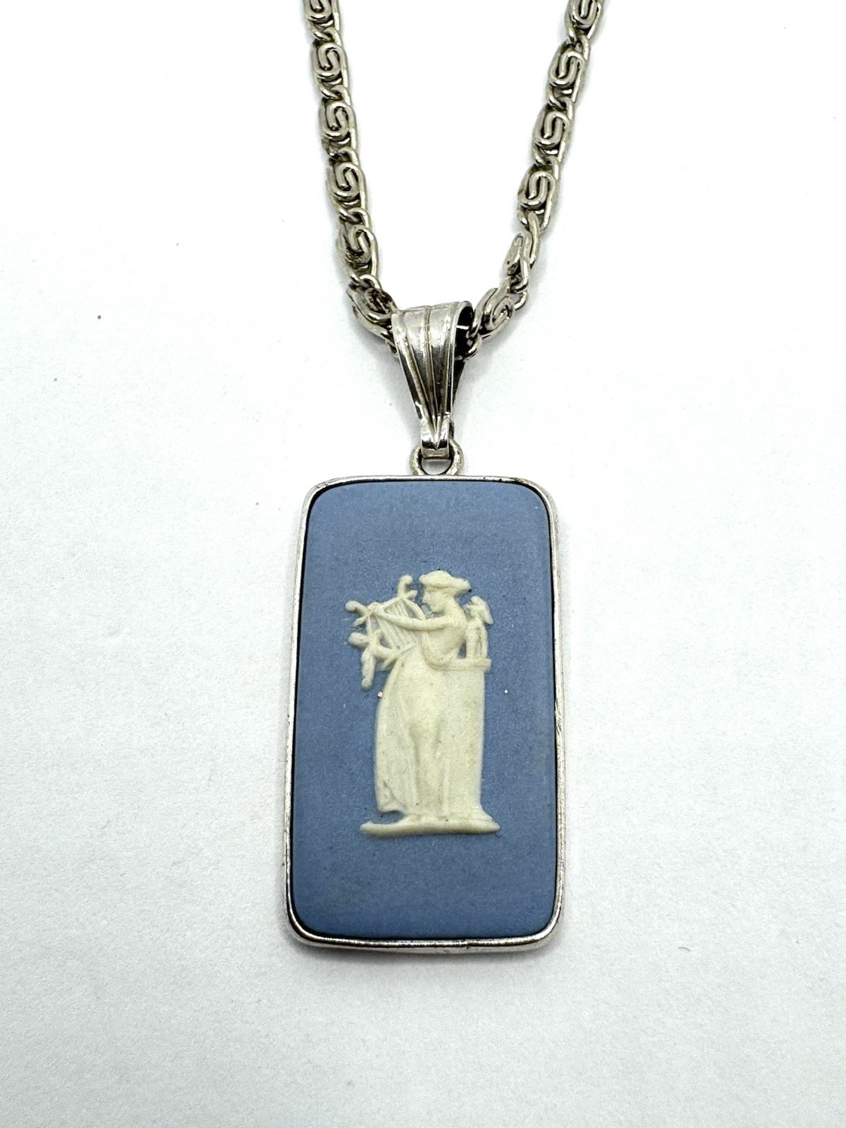 Vtg Blue Jasperware Wedgwood Sterling Silver Cameo Pendant Necklace England 28”