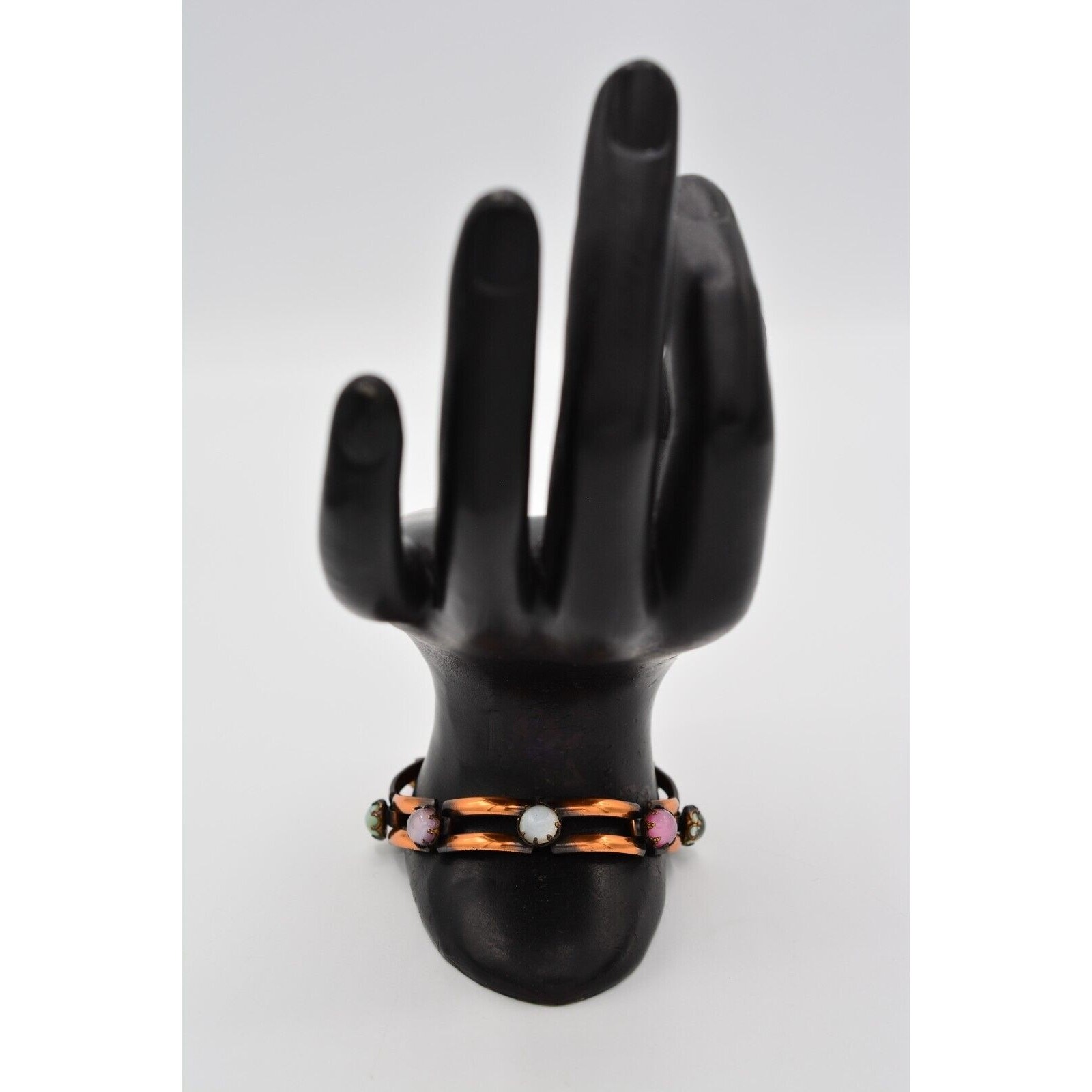 Vintage Cabochon Bracelet Copper Tone Pink White Linked Chain 1980s Bin8