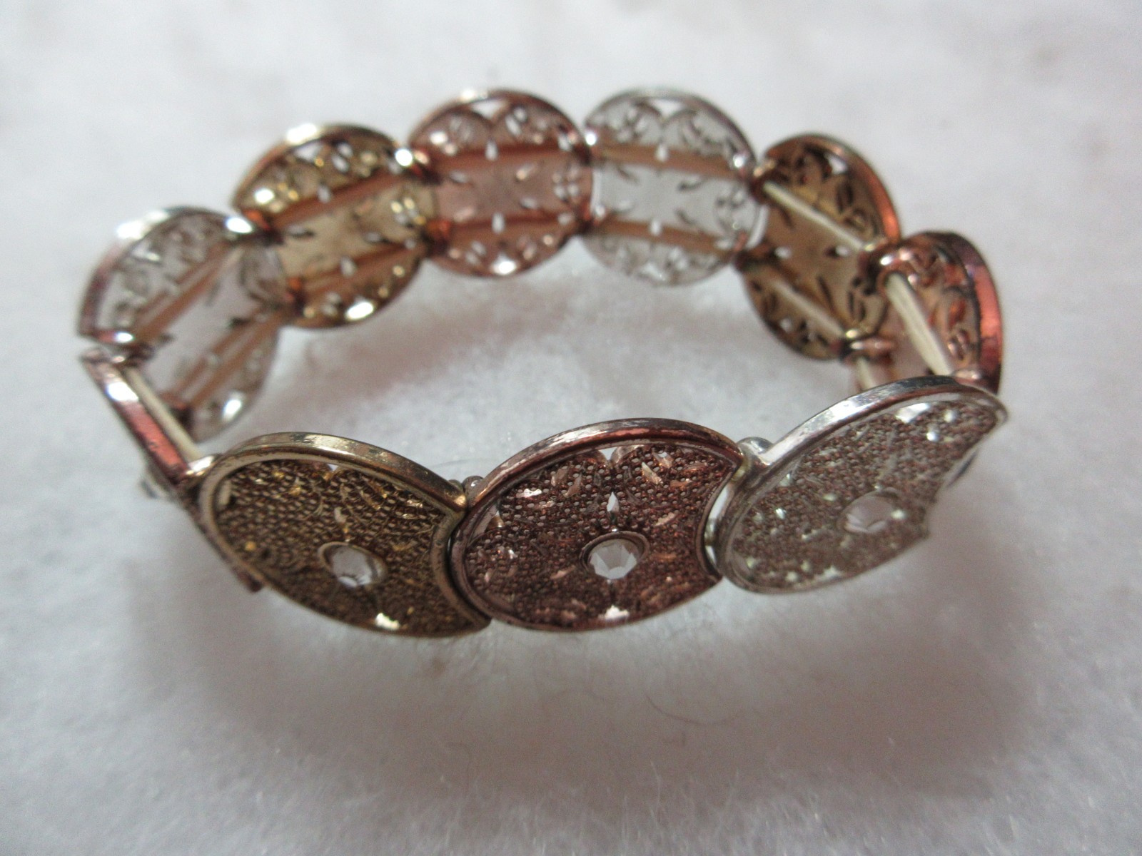 6 Older Rhinestone Bracelets Stretch Mostl Gold Tone 7.5″ Pink Green Gray Pearl