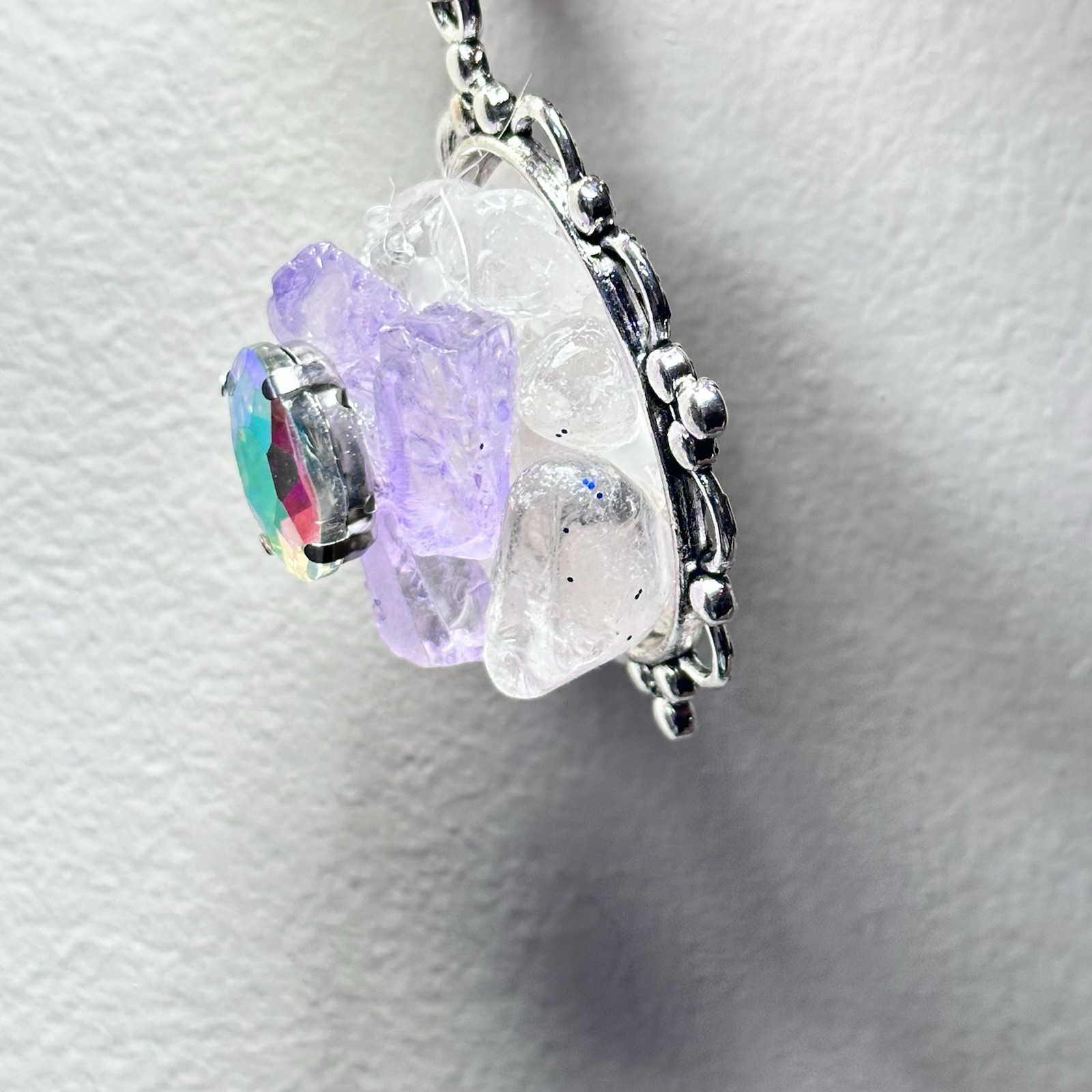 ARTISAN QUARTZ PENDANT GLASS BEADED COLLAGE NECKLACE HANDMADE STATEMENT OOAK