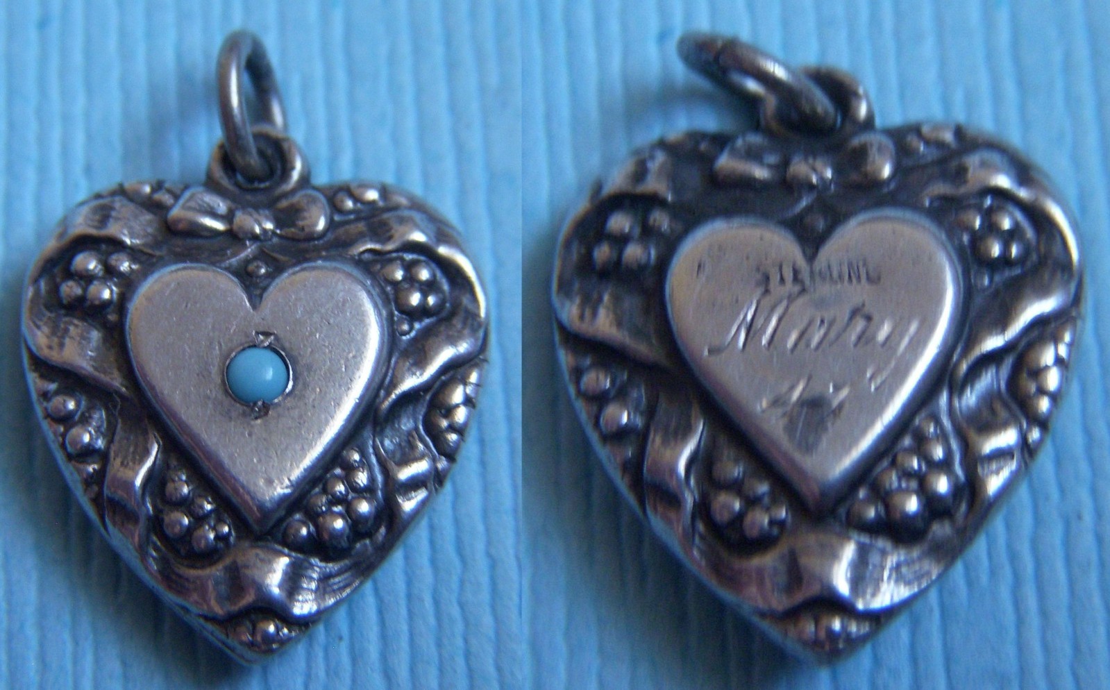 Vintage bow and ribbons turquoise heart “Mary” sterling charm