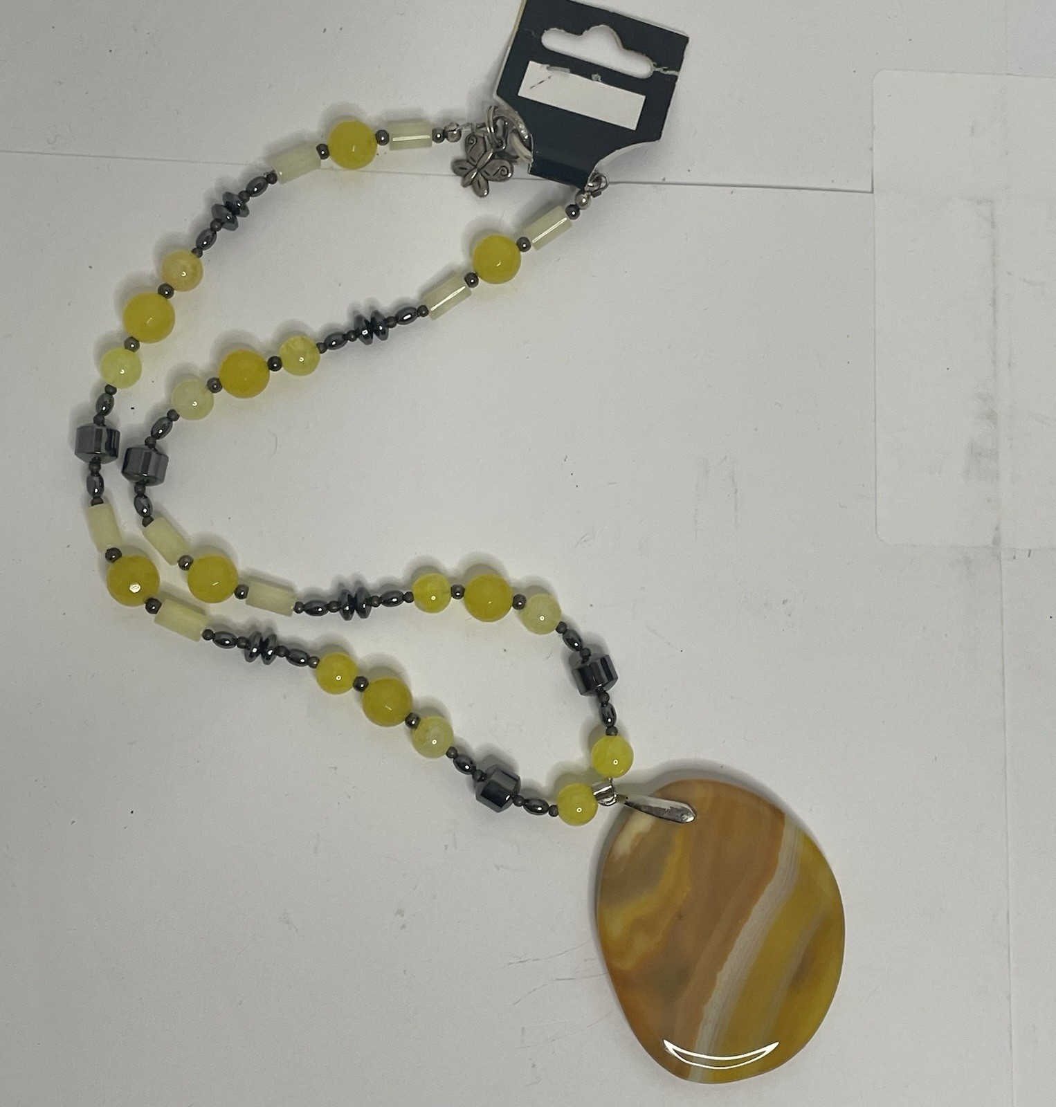 Vtg. Chunky Striped Agate Medallion Pendant Statement Necklace 12” L Yellow Boho