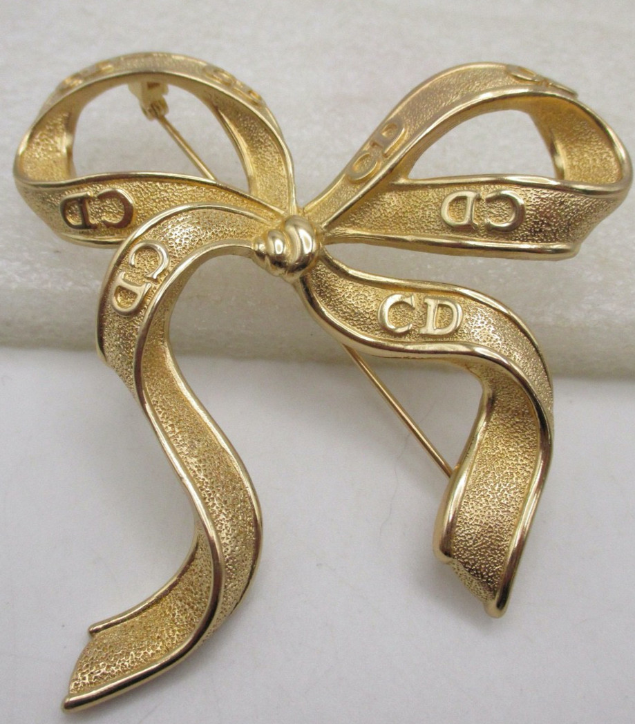 VTG 1980’s Christian Dior CD Logo Large Ribbon Brooch 3 1/4″