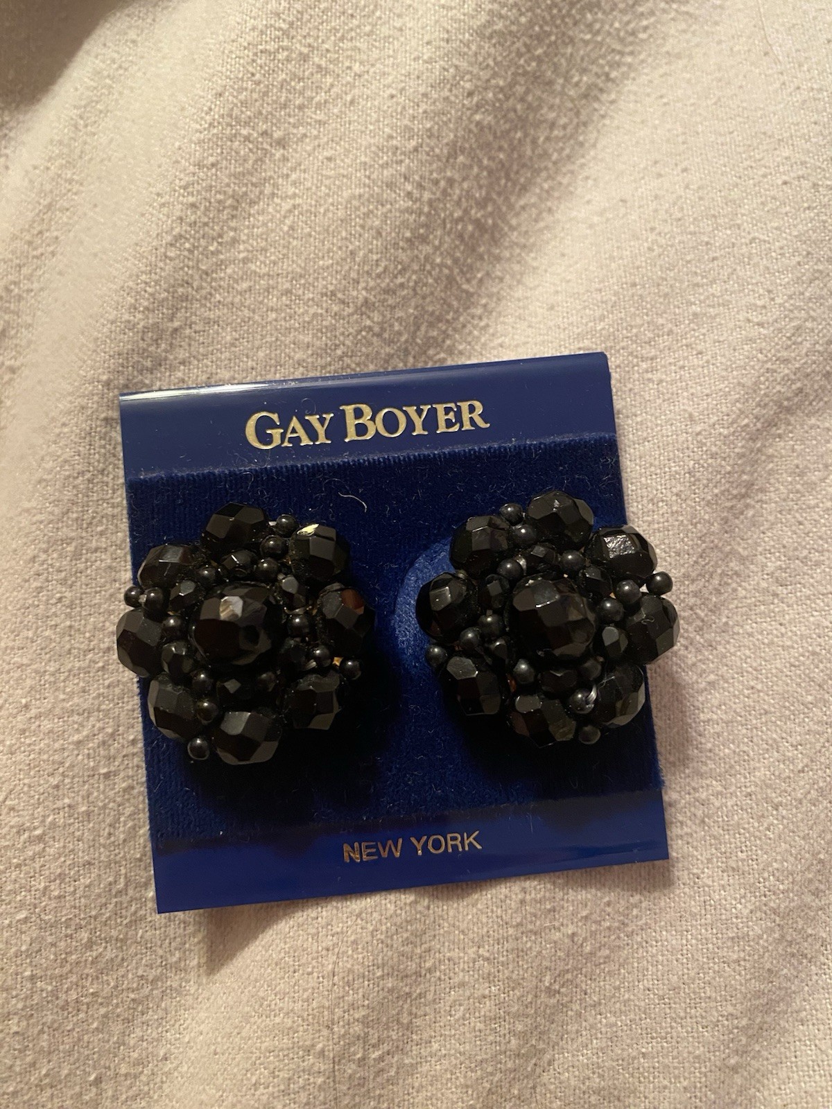 Gay Boyer Vintage Clip On Earrings Round Black Shimmer Enamel Gold Tone Flowers
