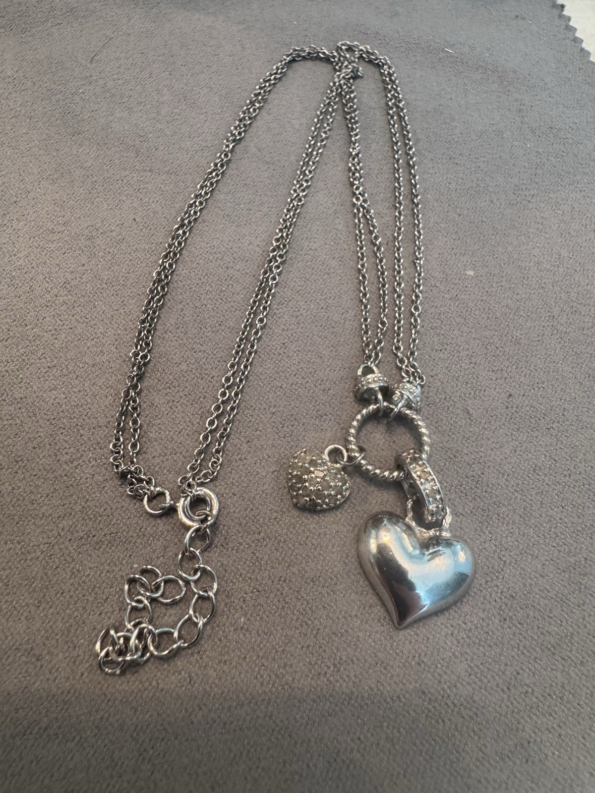 Sterling Silver Diamond Heart Charms & Double Strand Necklace DBJ