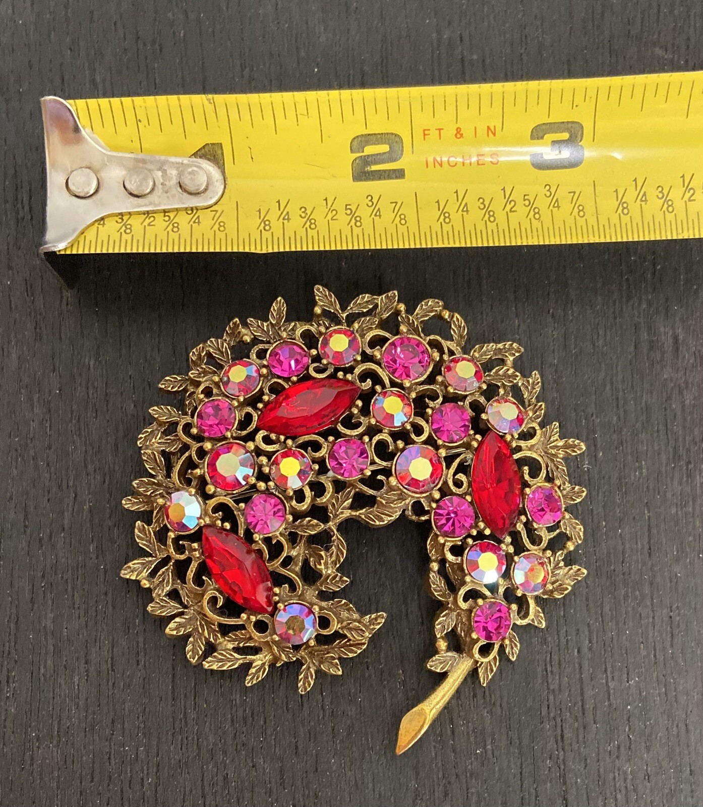 Vintage Emmons Brooch Fuchsia Aurora Red Rhinestones Pin
