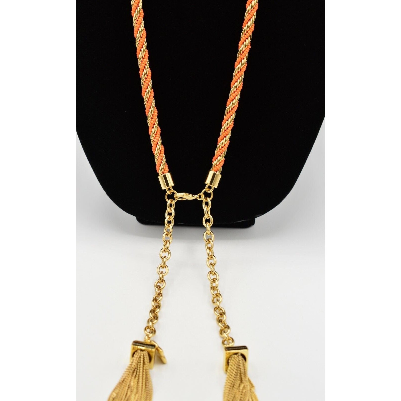 BCBG Max Azria Tassel Statement Necklace Orange Beaded Gold Chain Fringe BinN