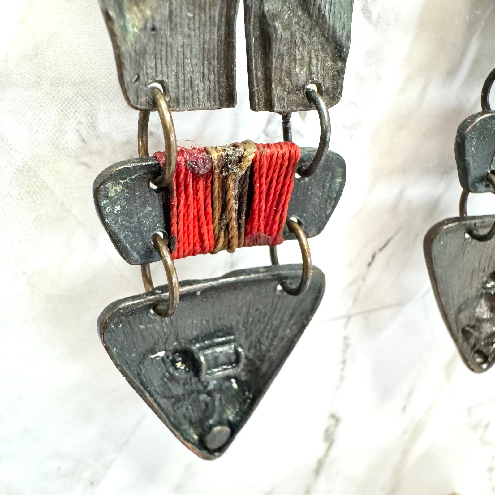 Vintage Brutalist Earrings Dangle Mixed Metal Material Rhinestone Gunmetal Tone