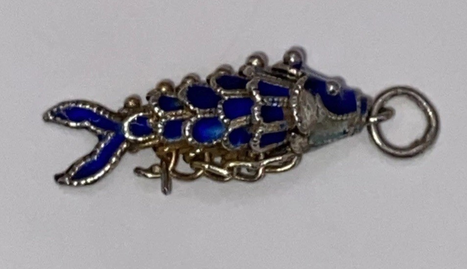 Vintage 2 3/4”Reticulated Fish Cobalt Blue/White Cloisonné Pendant