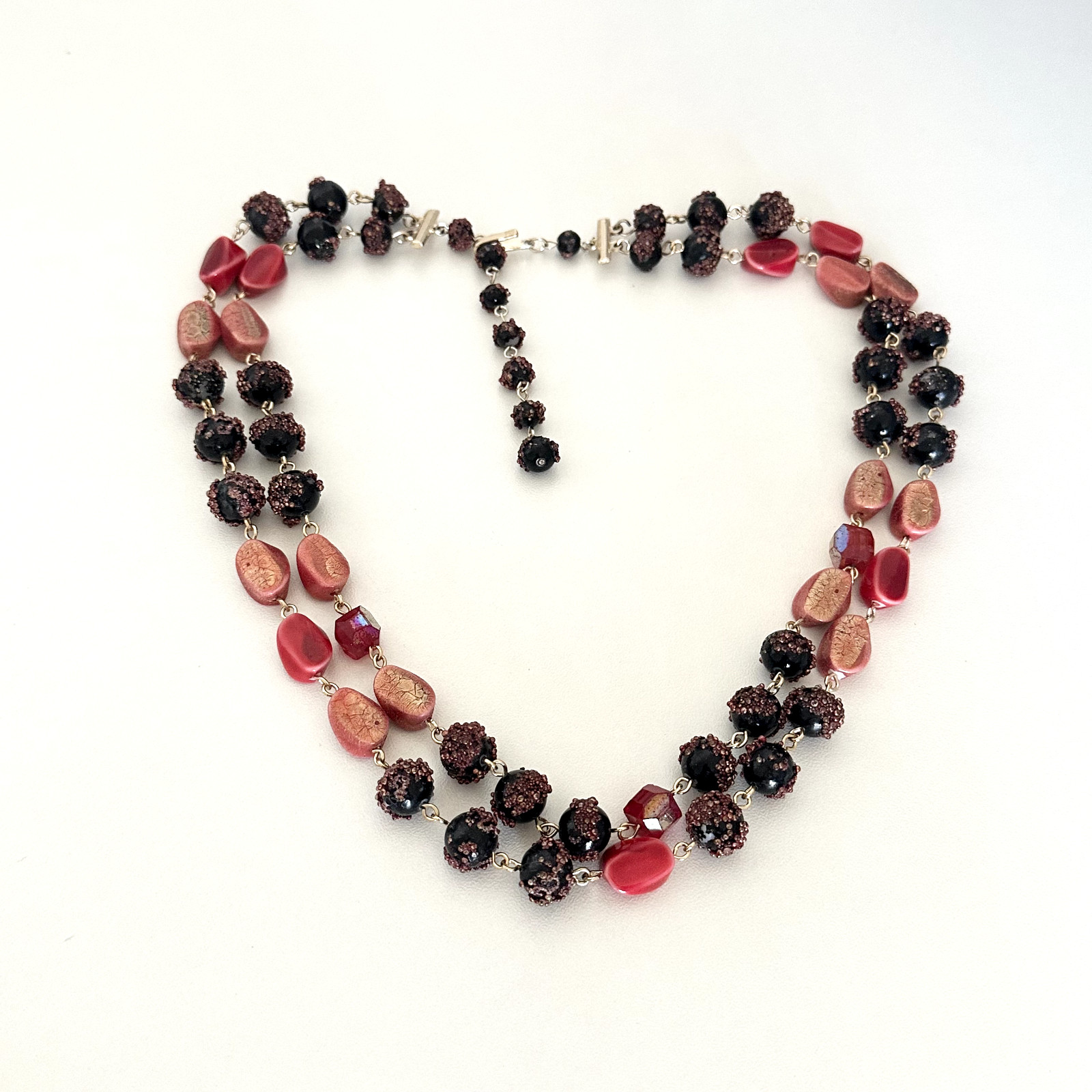 Vintage Red Crystal & Acrylic Beaded Double Row 2 Strand Adjustable Necklace