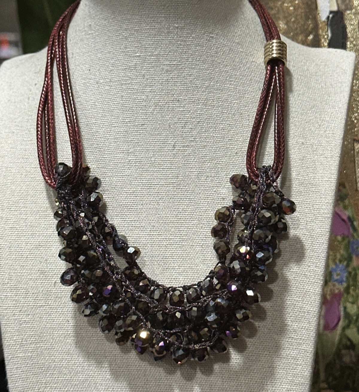 Faceted Purple Beaded Statement Necklace Burgundy Cord Gold Tone 18” Adjustable