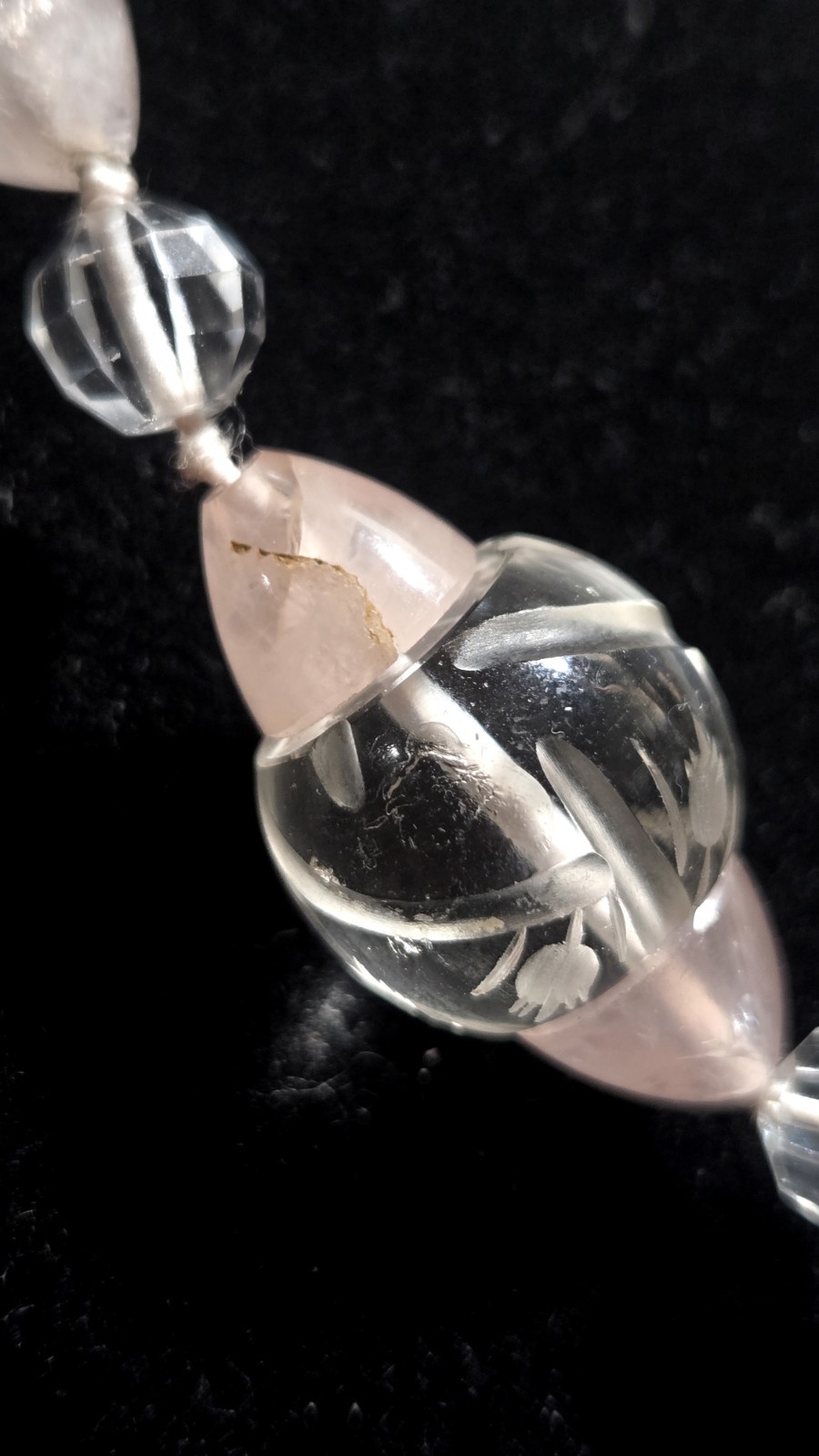 Rare Vintage Necklace Carved Rock Crystal & Pink Quartz 14K Floral Tulip Etched