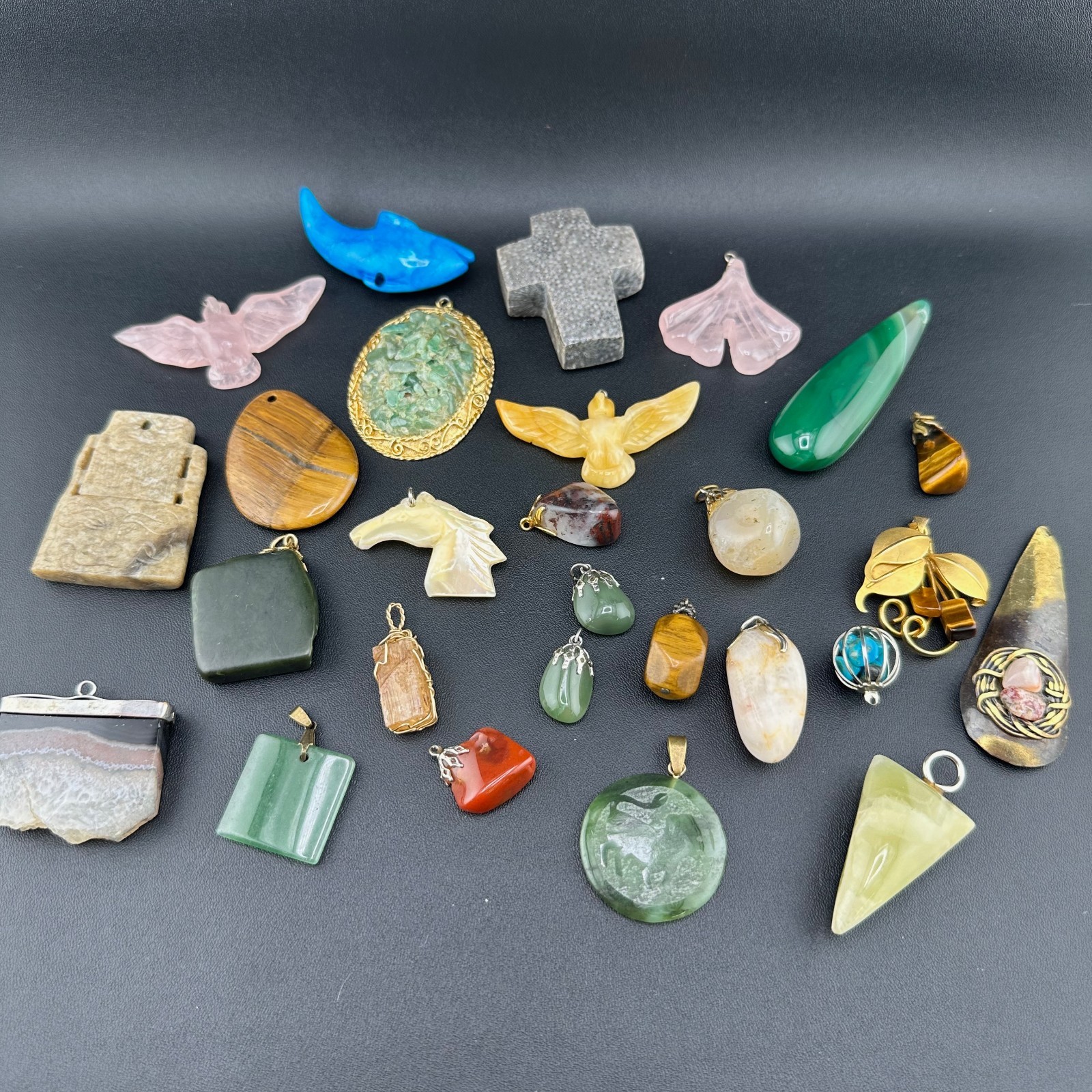 Vintage Gemstone Pendant Charm Lot Jade Quartz Agate Tigers Eye Jasper 25+