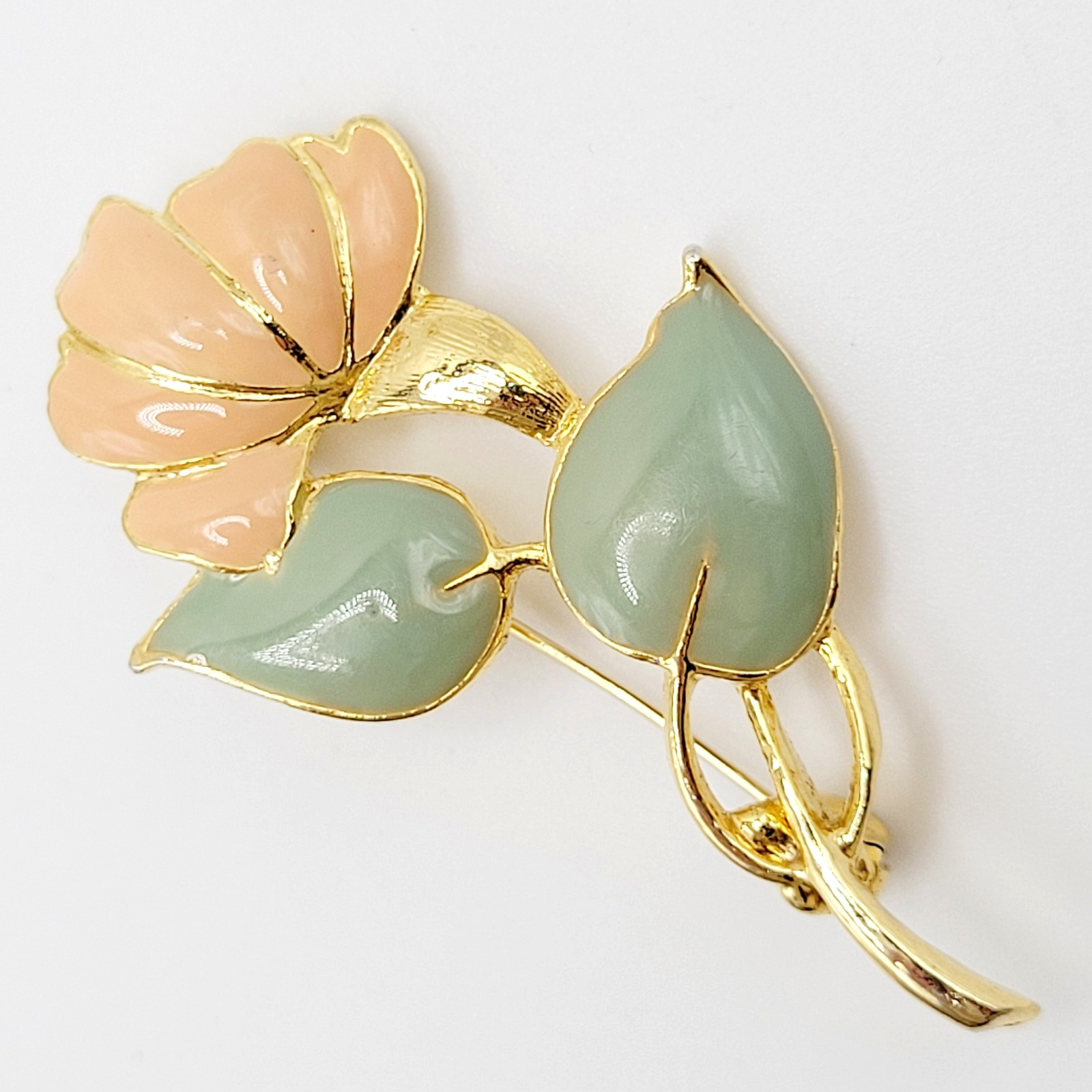 MCJ Poppy Peony Broad Blossom Flower Peach Light Green Enamel Gold Tone Brooch