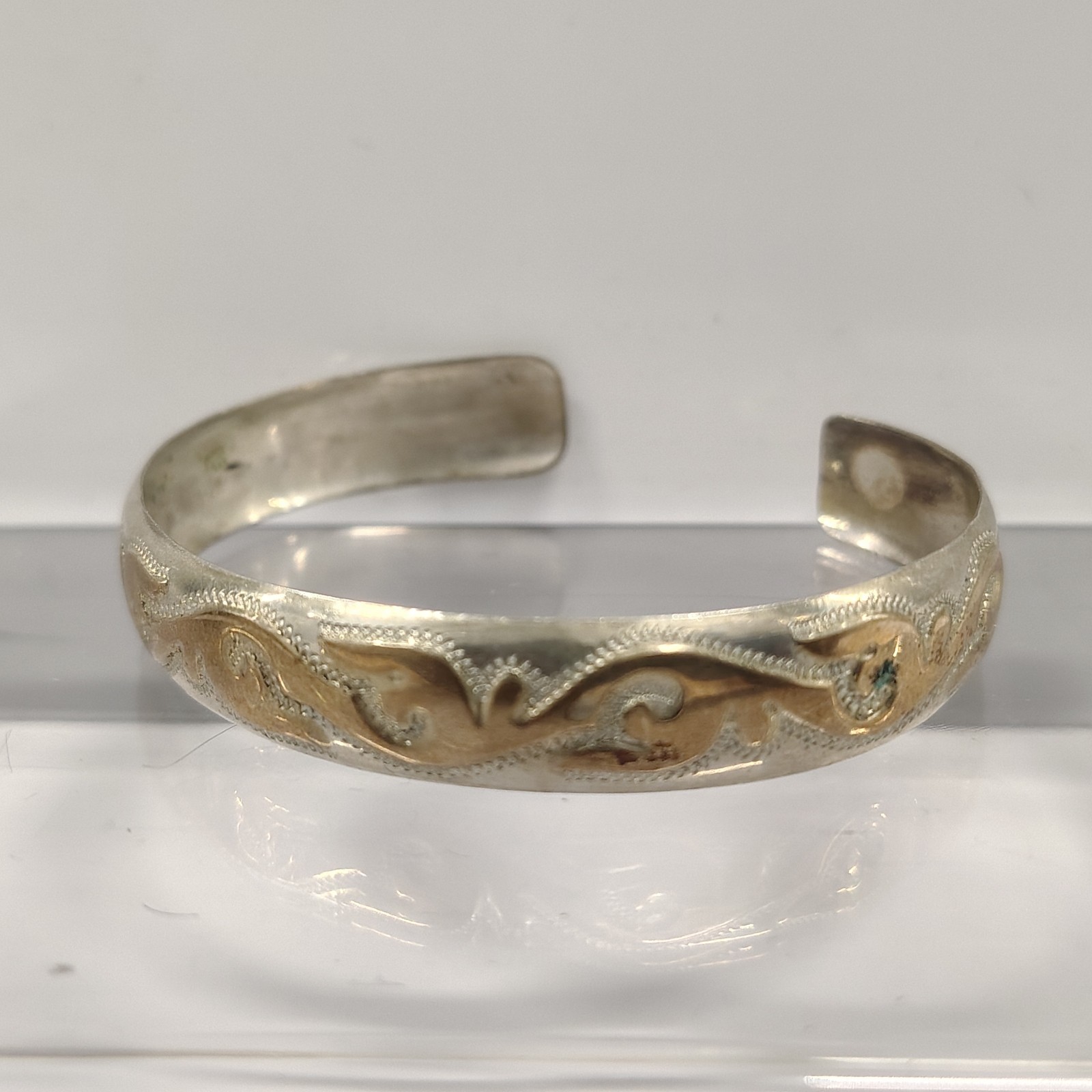 Vintage 925 Sterling Silver Gold Tone Scroll Wave Cuff Bracelet Textured 12.09g