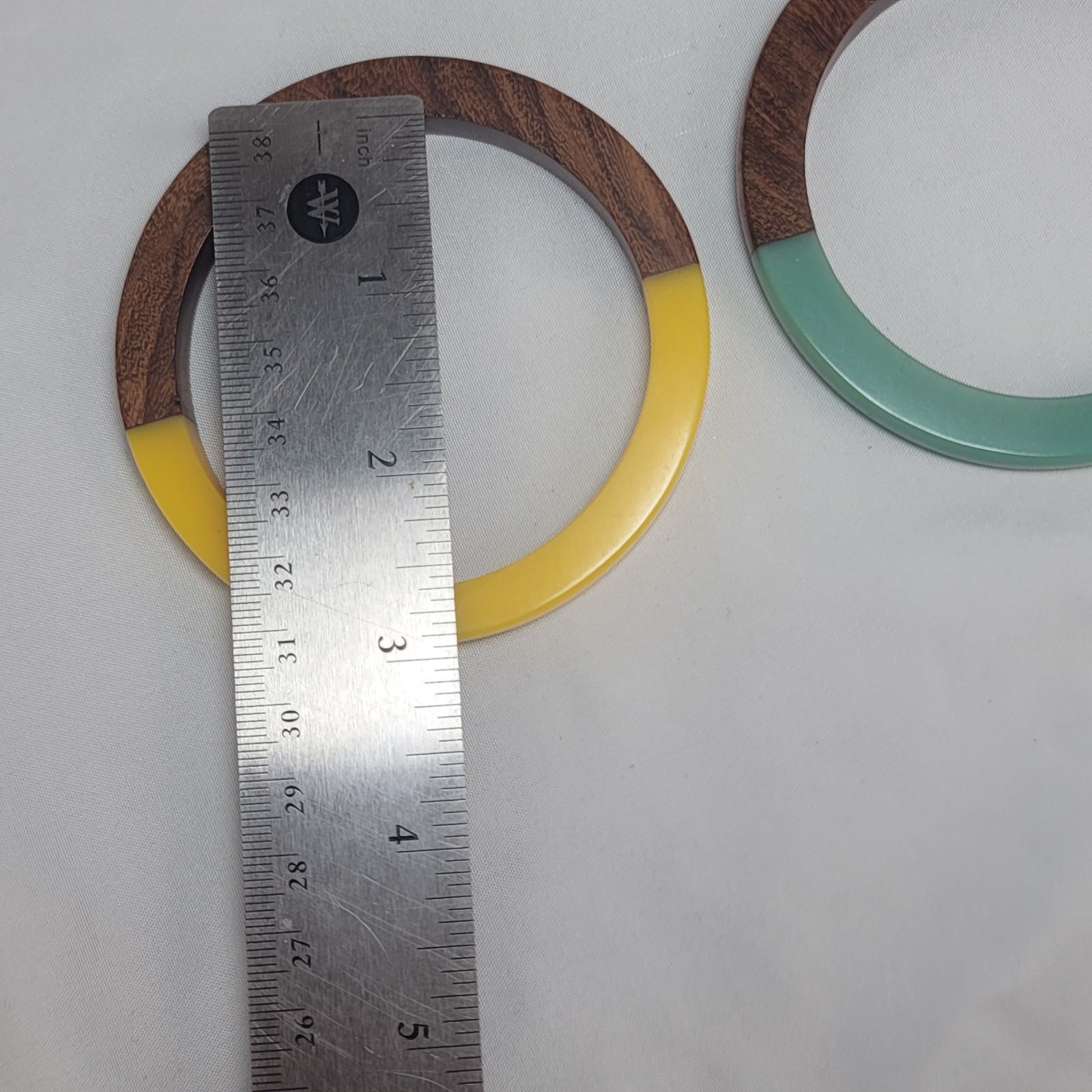 A Yellow and Green Lucite Resin & Wood Bangle Bracelet Set Modern Boho Jewelry