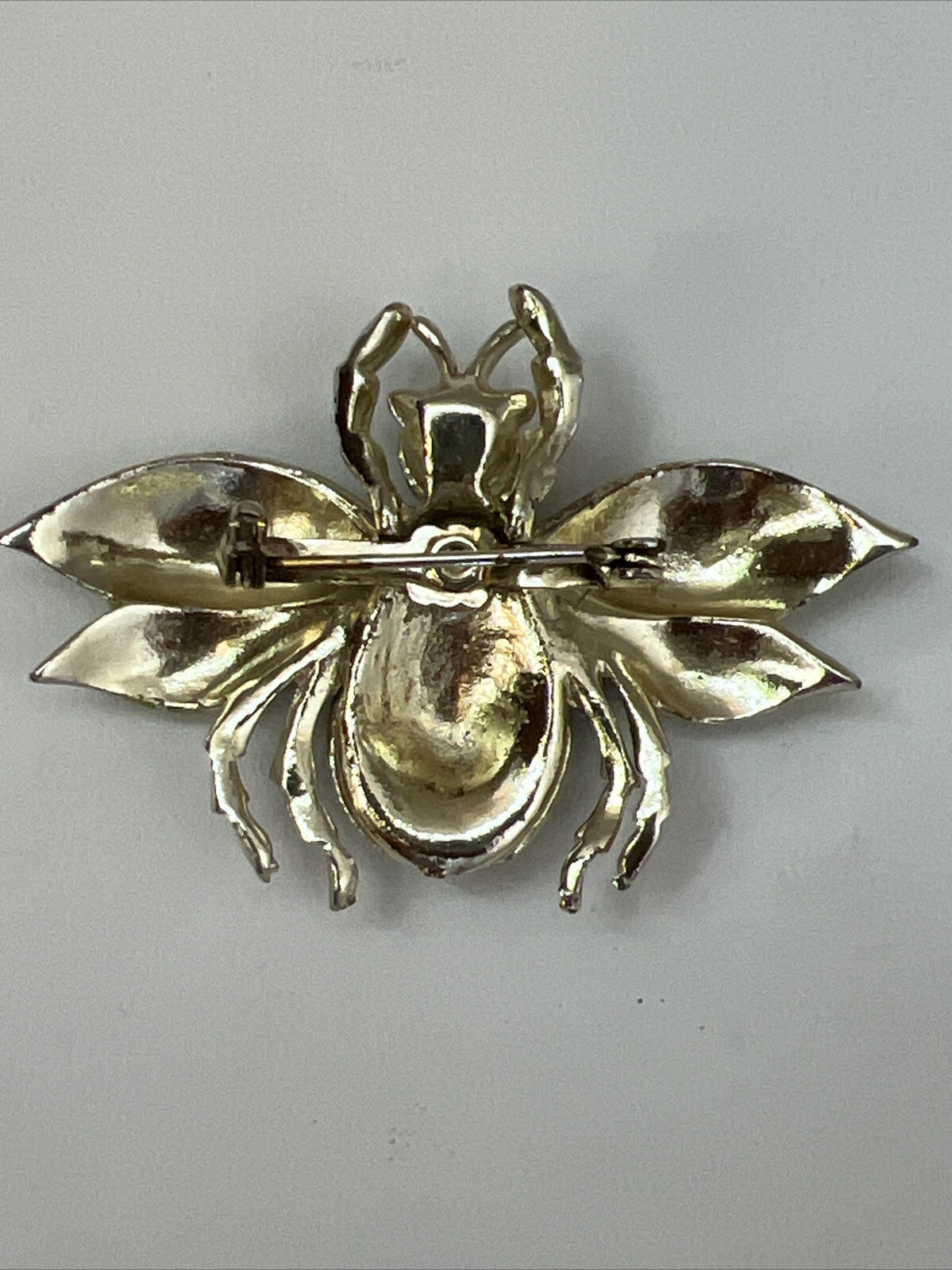 Vintage Emerald Green Rhinestone Lime Green Enamel Flying Insect Bug Brooch