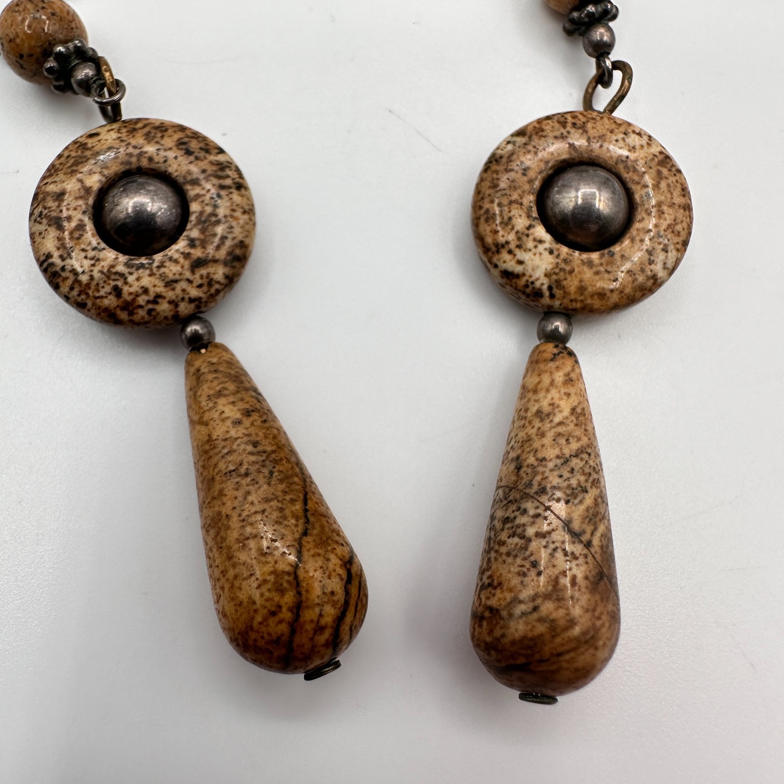 Vintage 90s Natural Jasper Stone Dangle Earrings Brown Boho Earthy Drop Jewelry