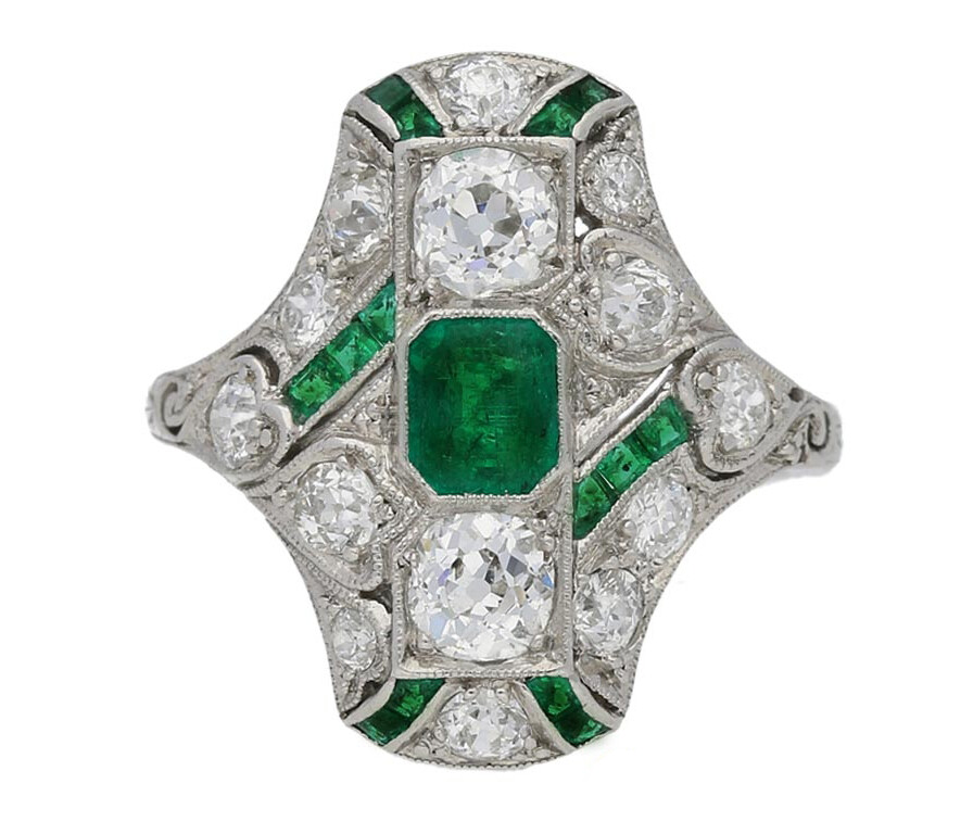 1.2Ctw Green Emerald & Round Simulated Diamond Art Deco Wedding 925 Silver Ring