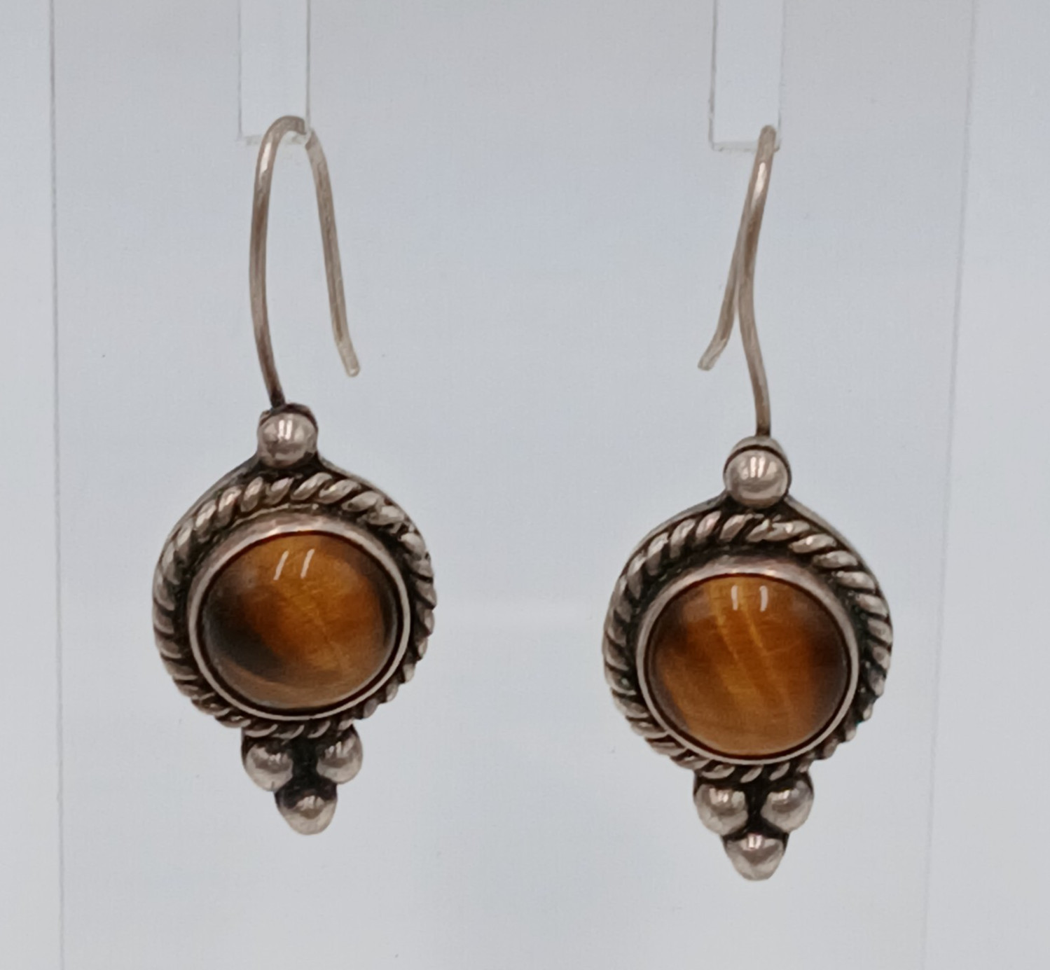 VTG 925 MEX Tigers Eye Earrings 1.75in Sterling Silver 10gtw Southwest Artisan